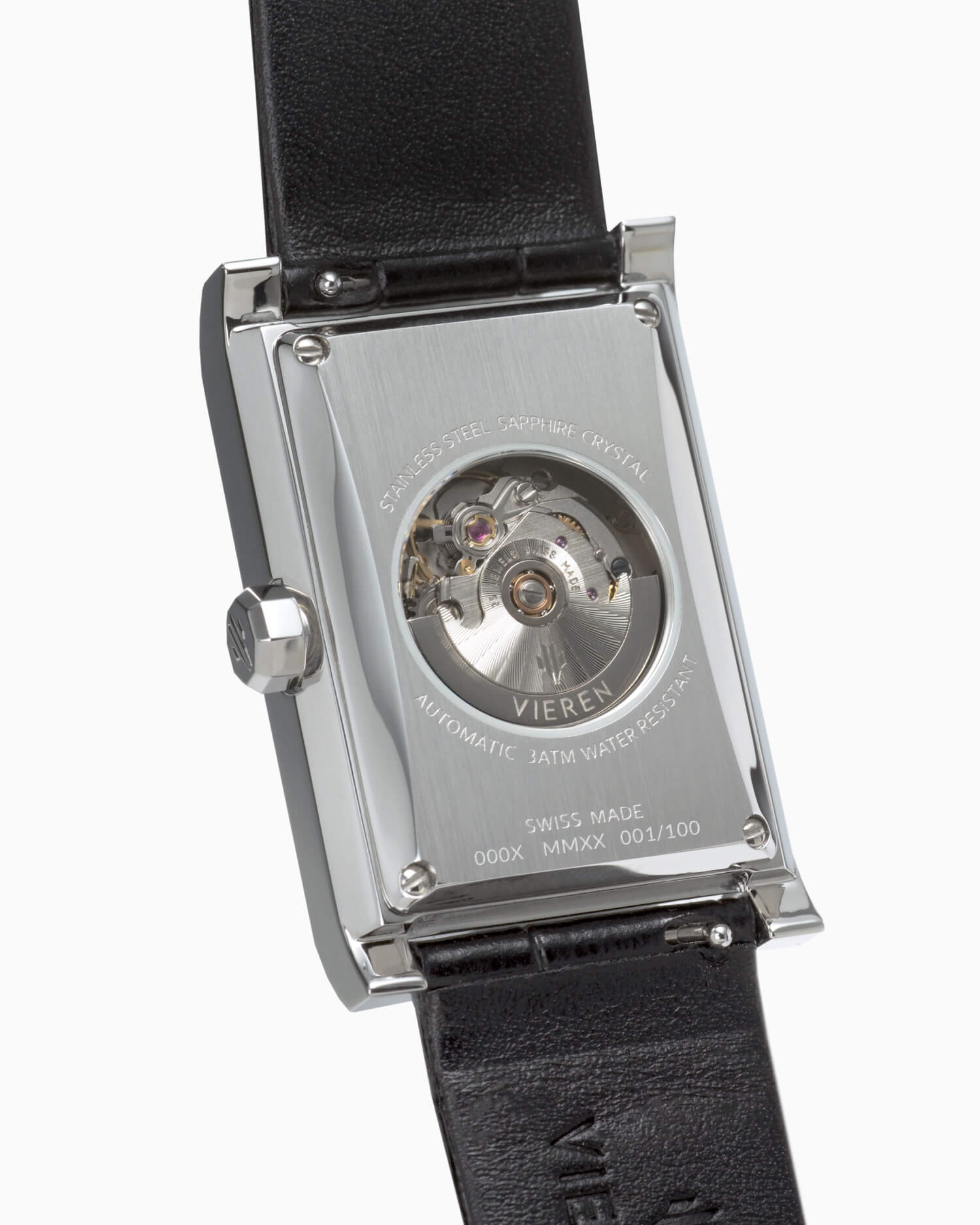 VIEREN Black Croc Leather rectangular watch caseback revealing Swiss ETA 2671 automatic movement