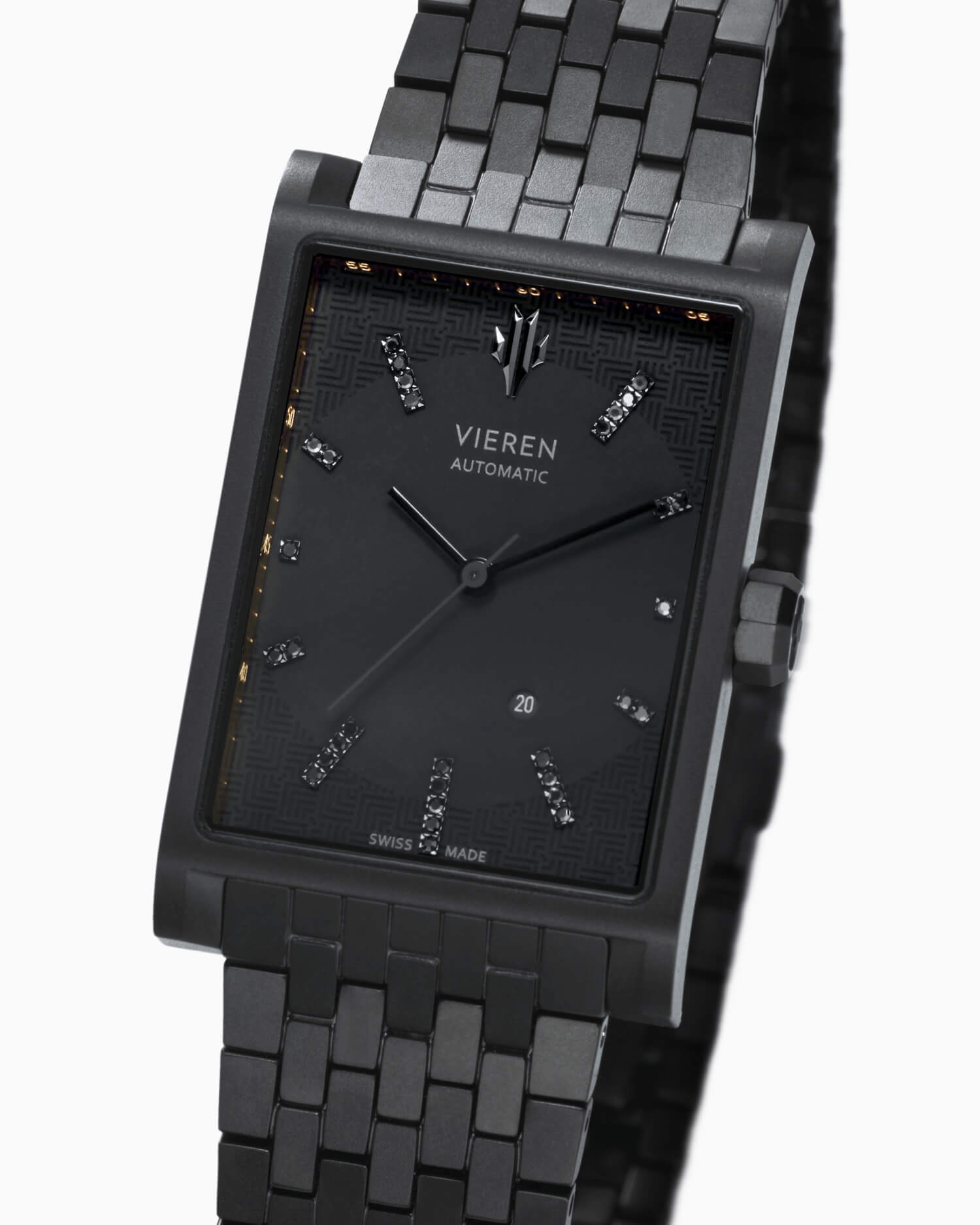 VIEREN Black Diamond rectangular watch dial with black diamonds and 18K gold rehaut ring