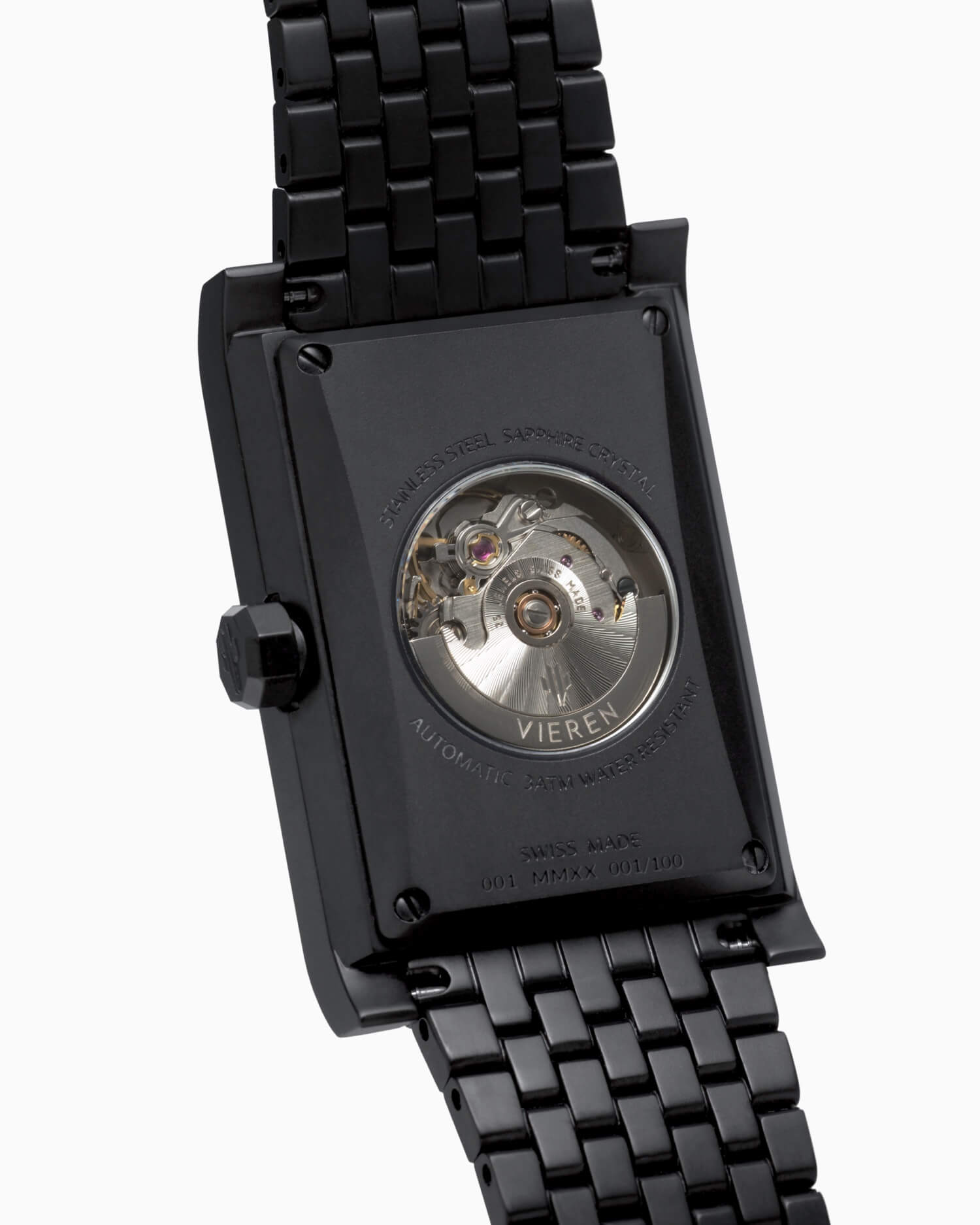 VIEREN Black Diamond rectangular watch caseback revealing Swiss ETA 2671 automatic movement