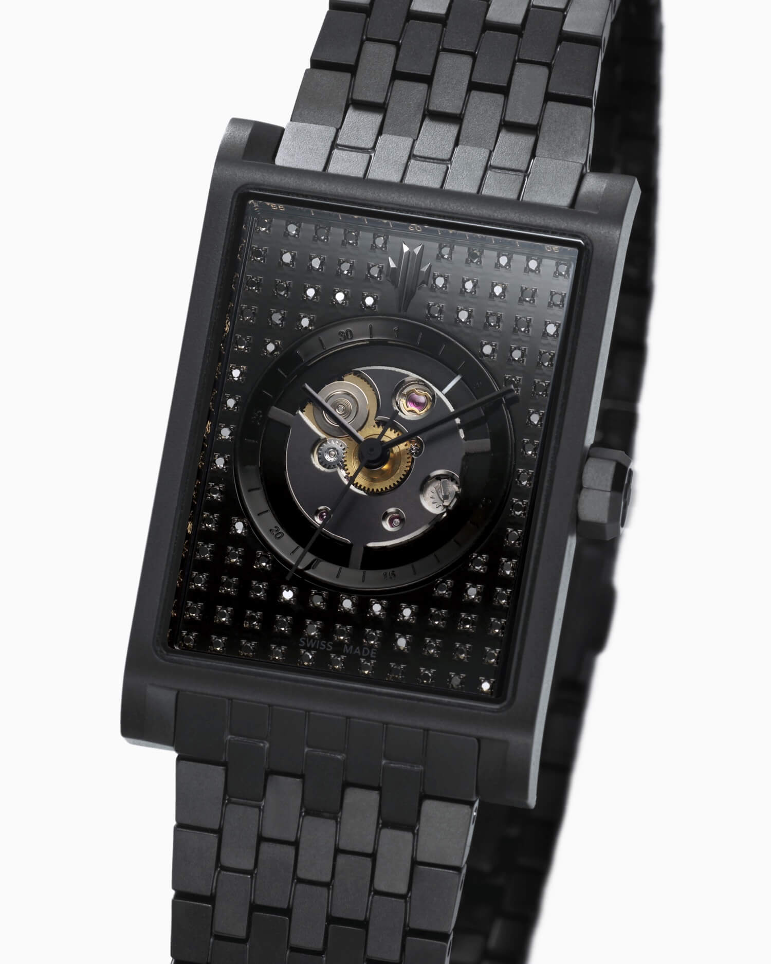 VIEREN Black Stereo Diamond rectangular watch dial with natural black diamond skeleton design and 18K gold rehaut ring