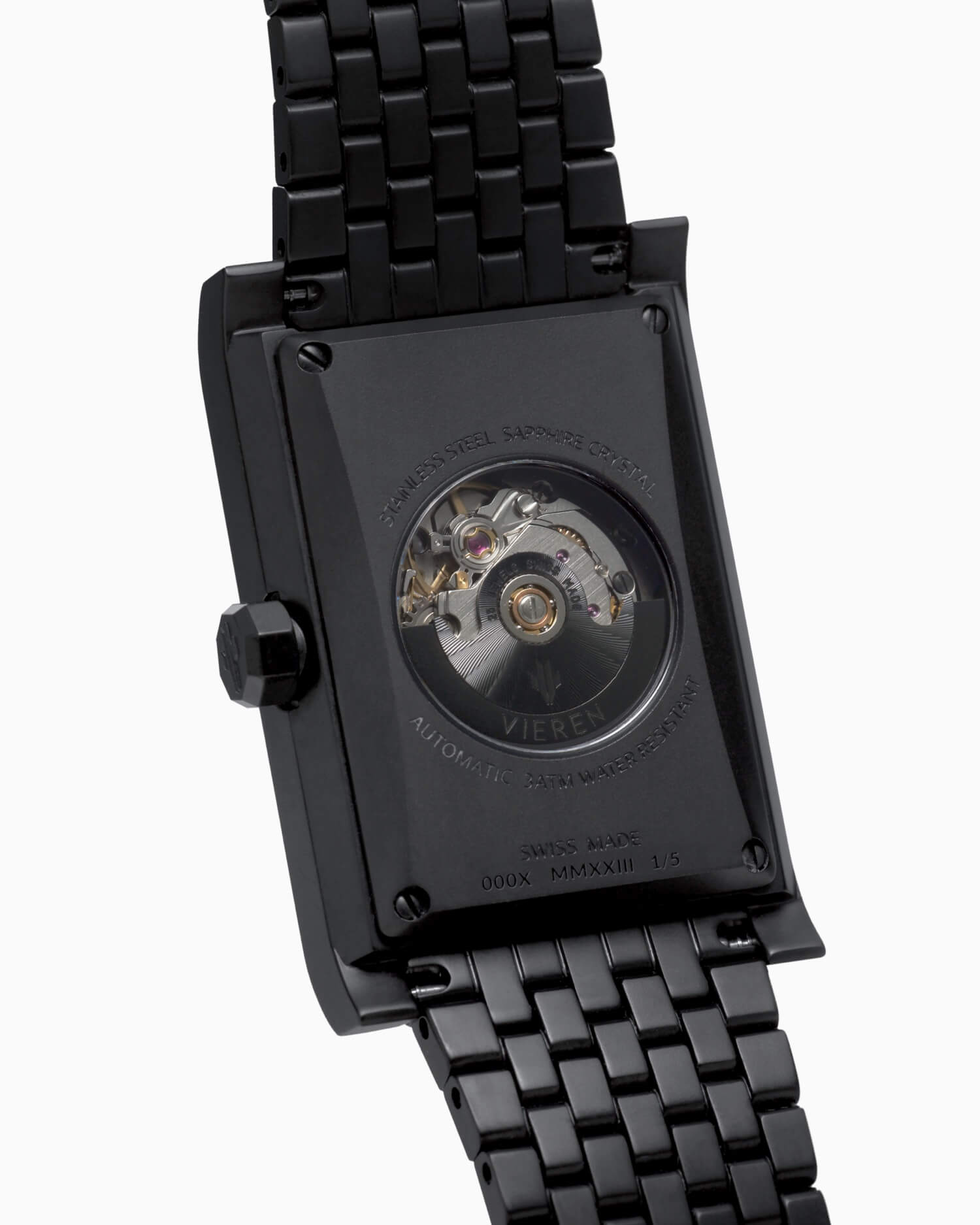 VIEREN Black Stereo Diamond rectangular watch caseback revealing Swiss ETA 2671 automatic movement