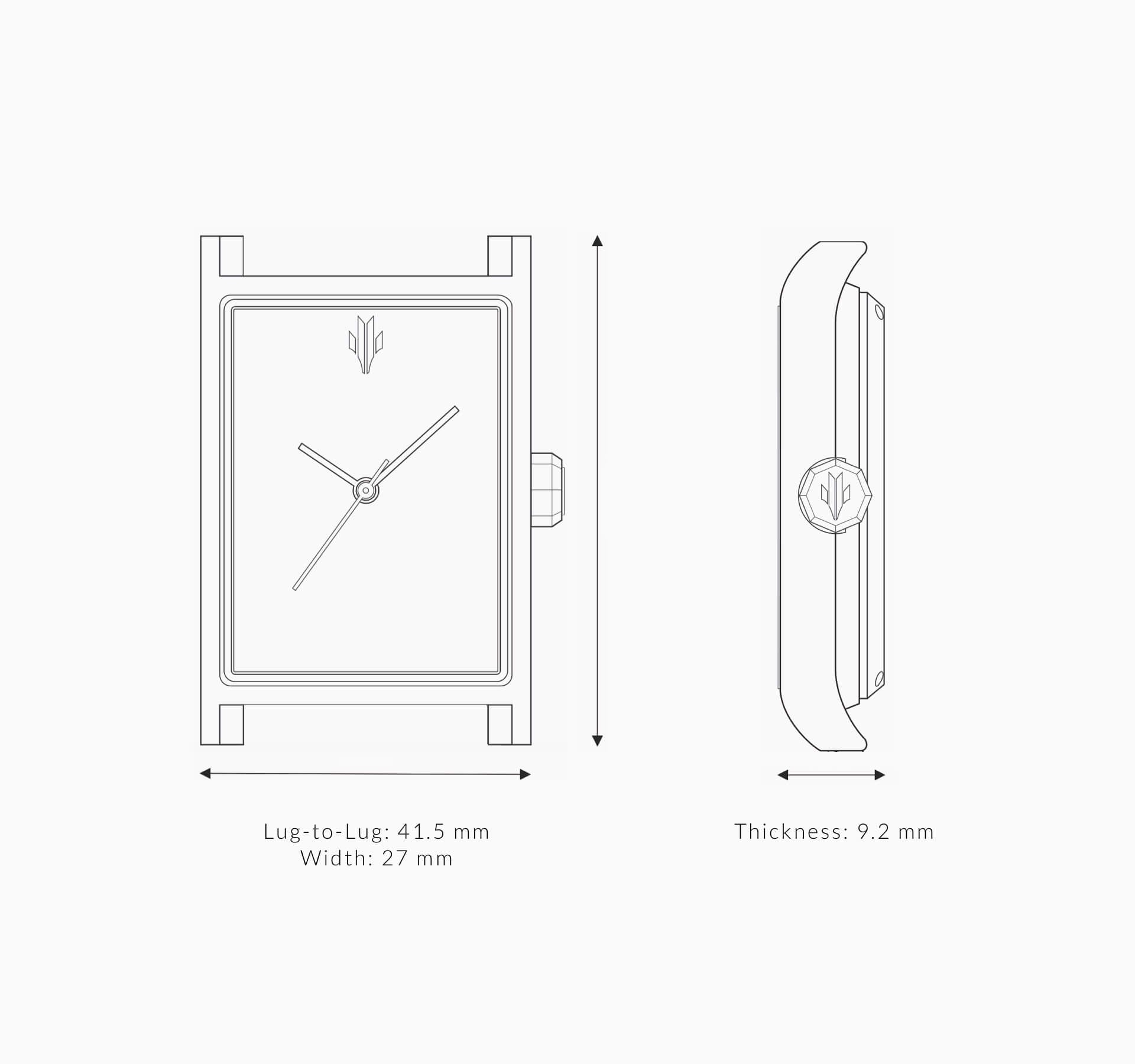 VIEREN rectangular watch case dimensions showing 41.5 mm x 27 mm x 9.2 mm specifications