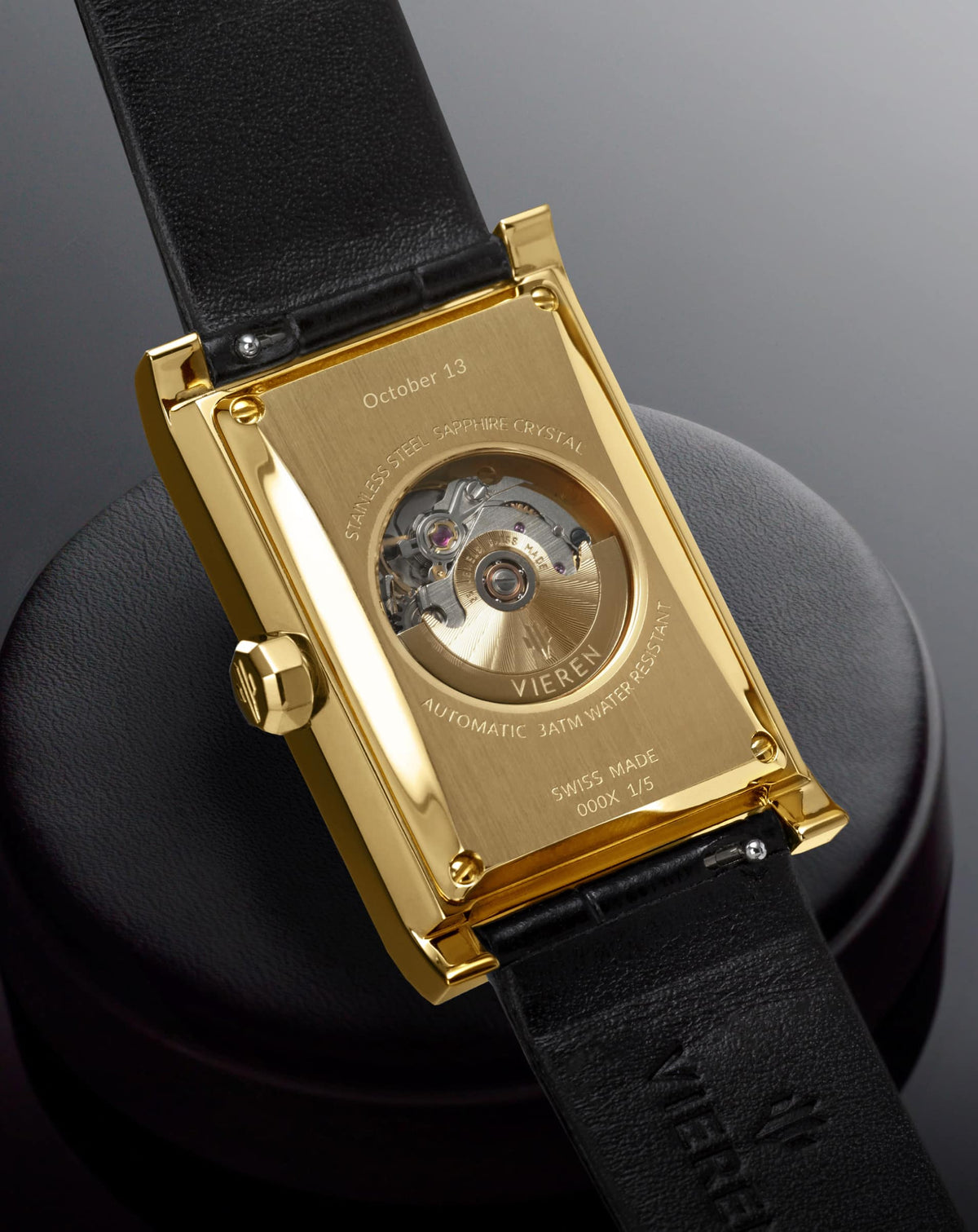VIEREN Gold Black Croc leather rectangular watch caseback with Swiss automatic movement and personalized engraving