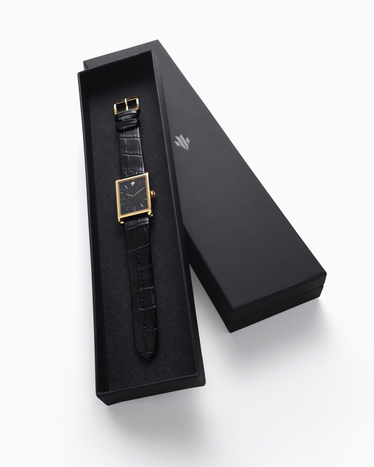 VIEREN Gold Black Croc leather rectangular watch with presentation box