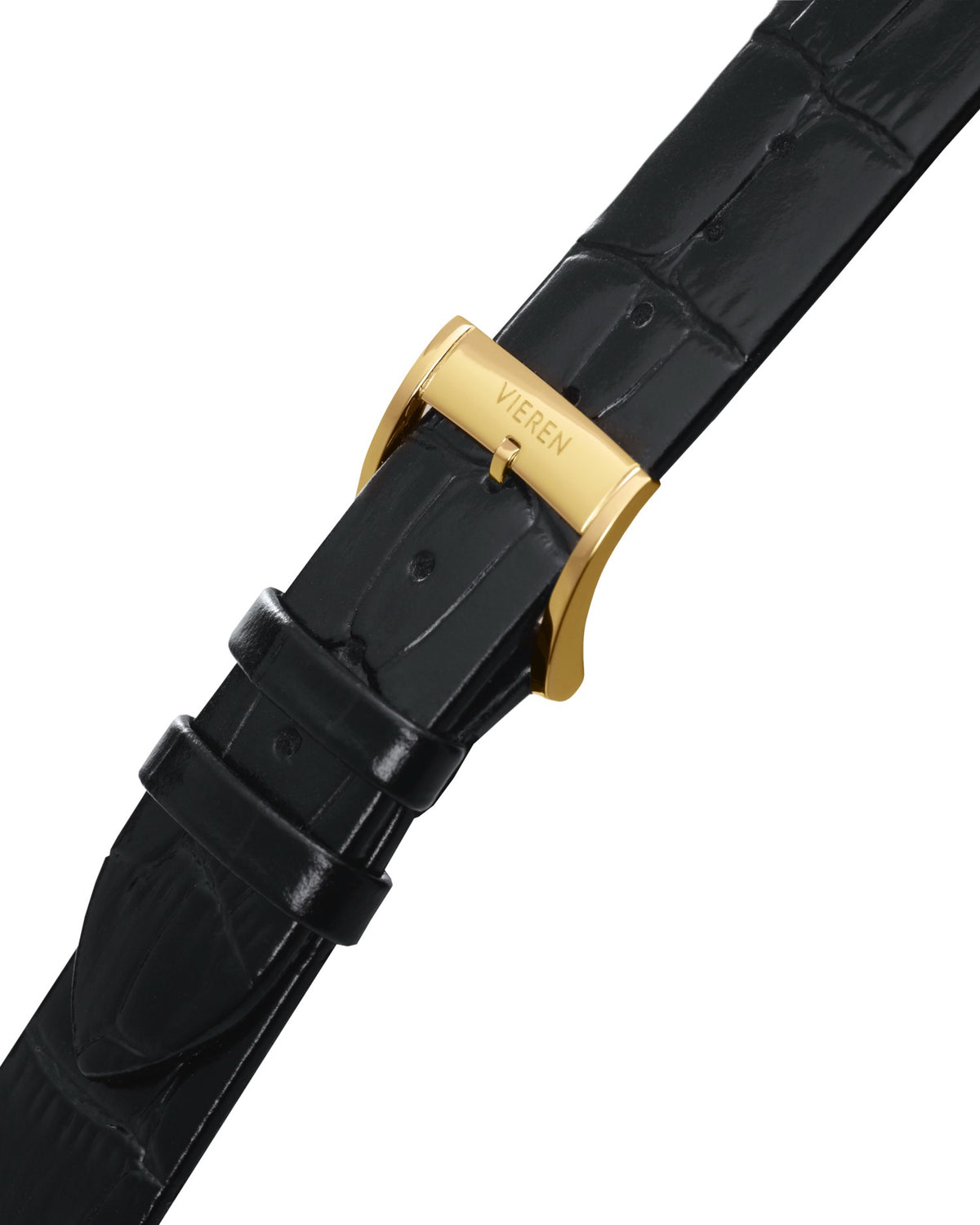 VIEREN Gold Black Croc black leather watch strap with gold buckle