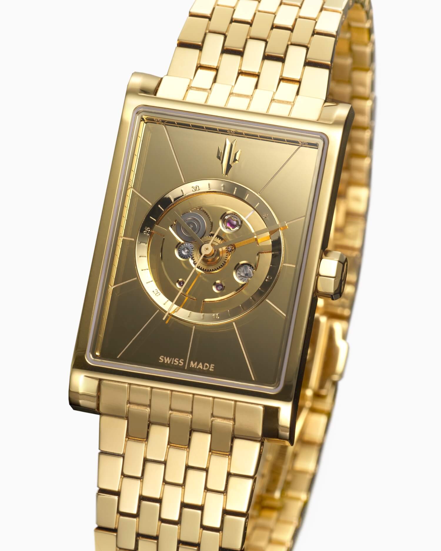 VIEREN Gold Mirror rectangular watch dial with polished skeleton design and 18K gold rehaut ring