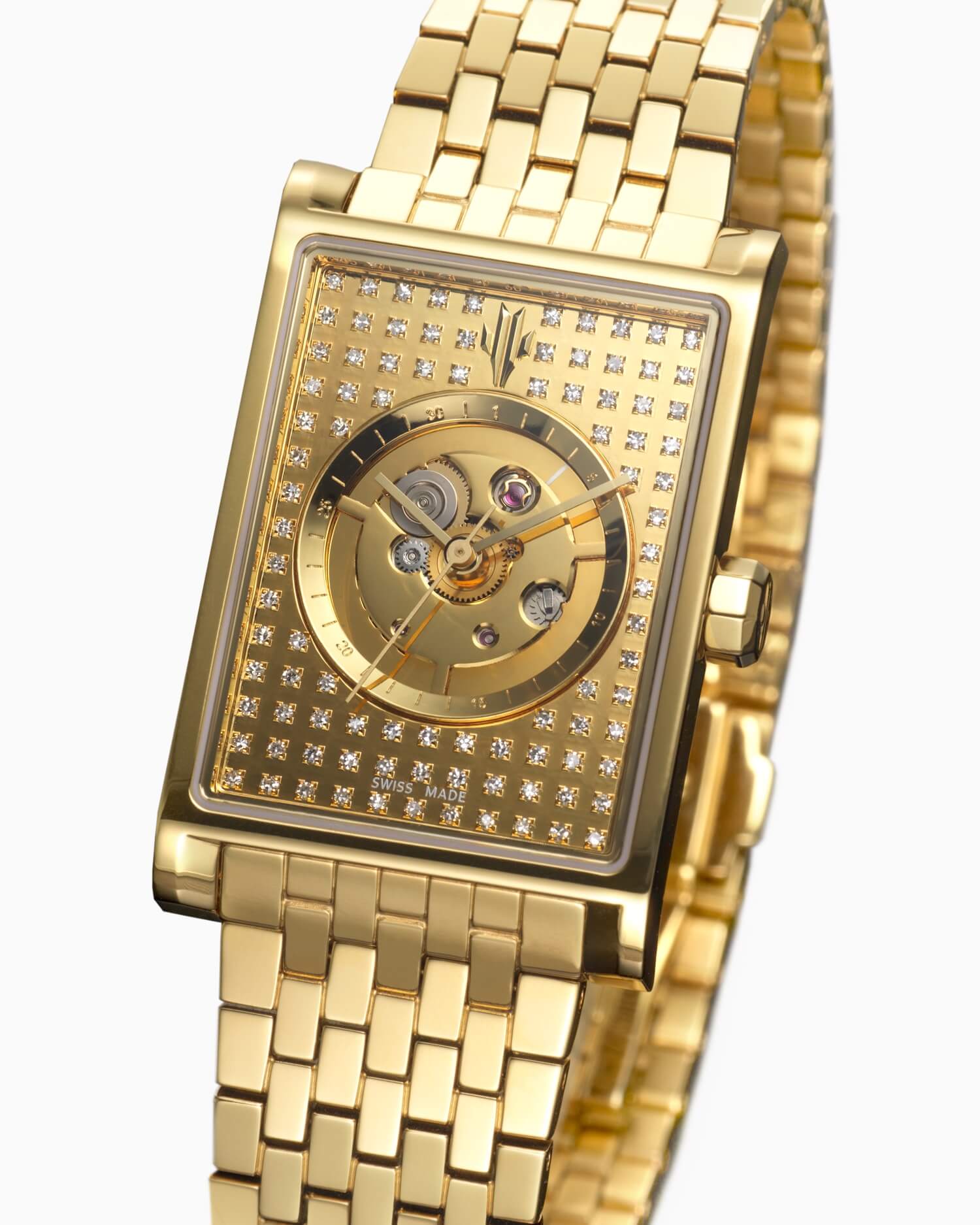 VIEREN Gold Stereo Diamond rectangular watch dial with natural diamond skeleton design and 18K gold rehaut ring