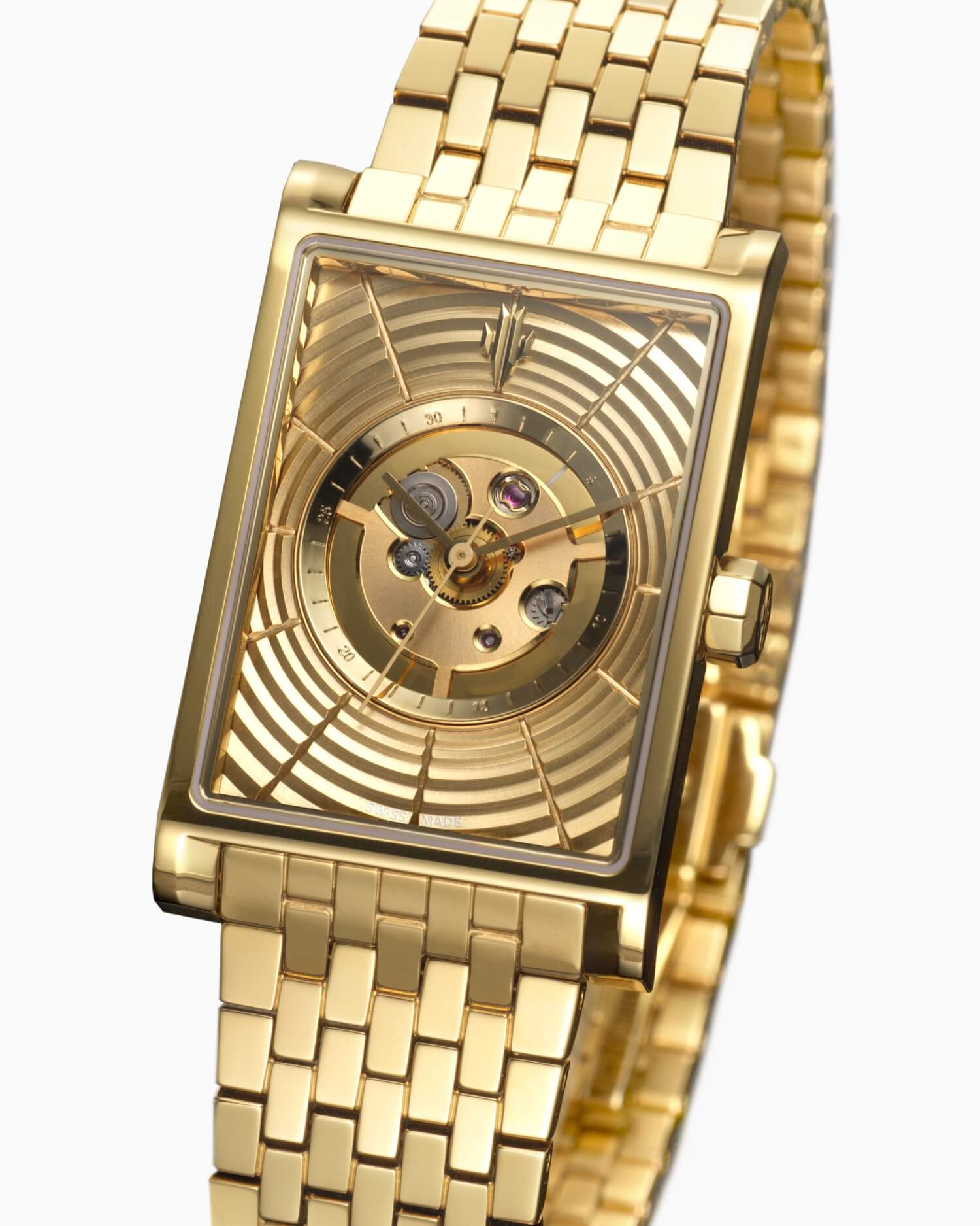 VIEREN Gold Waves rectangular watch dial with radial skeleton design and 18K gold rehaut ring