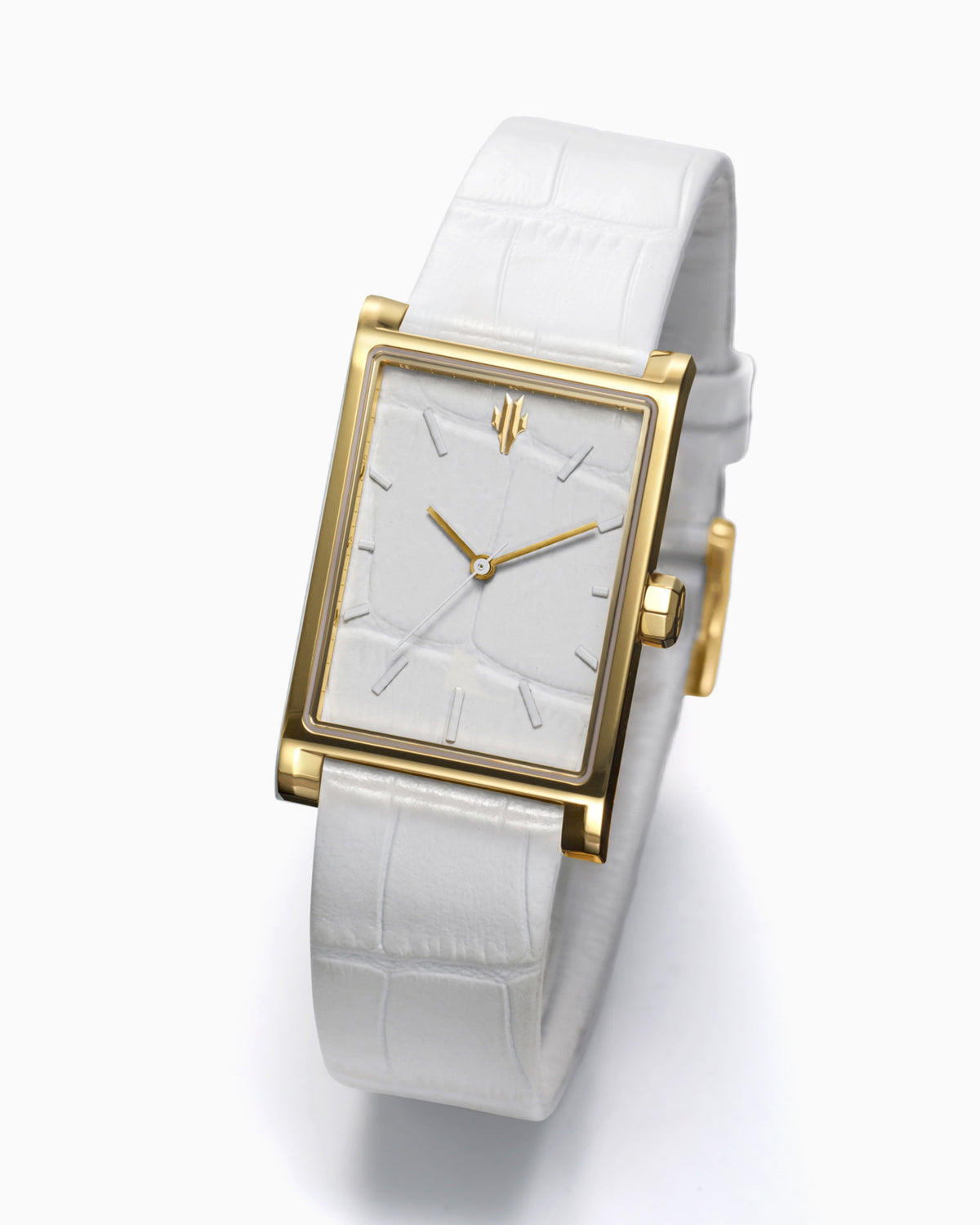 VIEREN Gold White Croc leather gold rectangular watch angled view