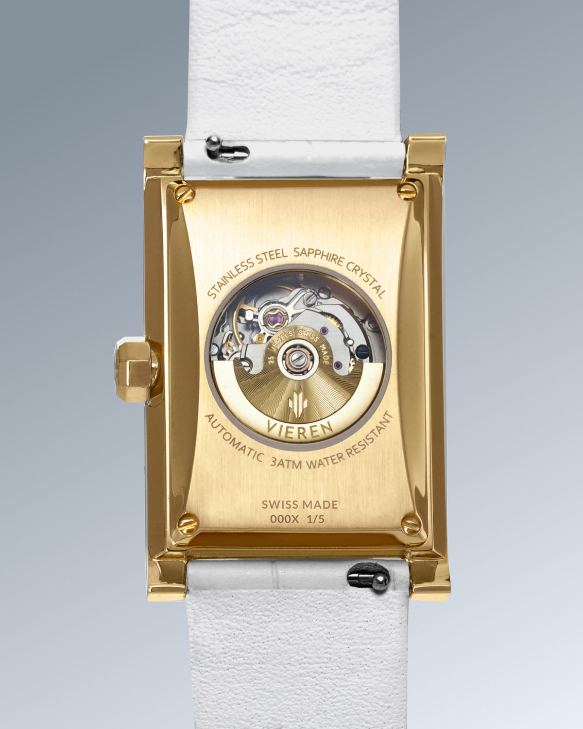 IEREN Gold White Croc leather gold rectangular watch caseback with Swiss Made ETA 2671 automatic movement and gold rotor