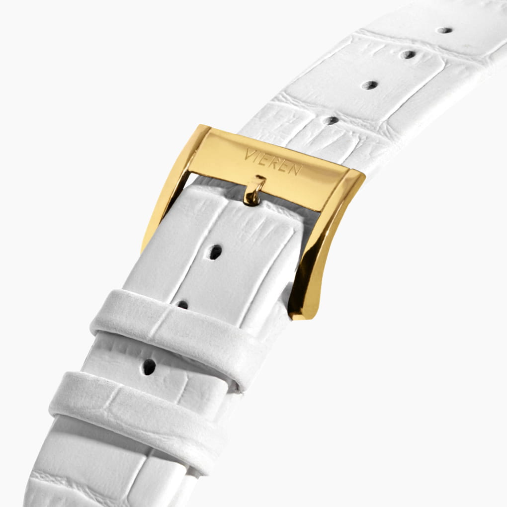VIEREN Gold White Croc white leather strap with engraved gold ardillon buckle