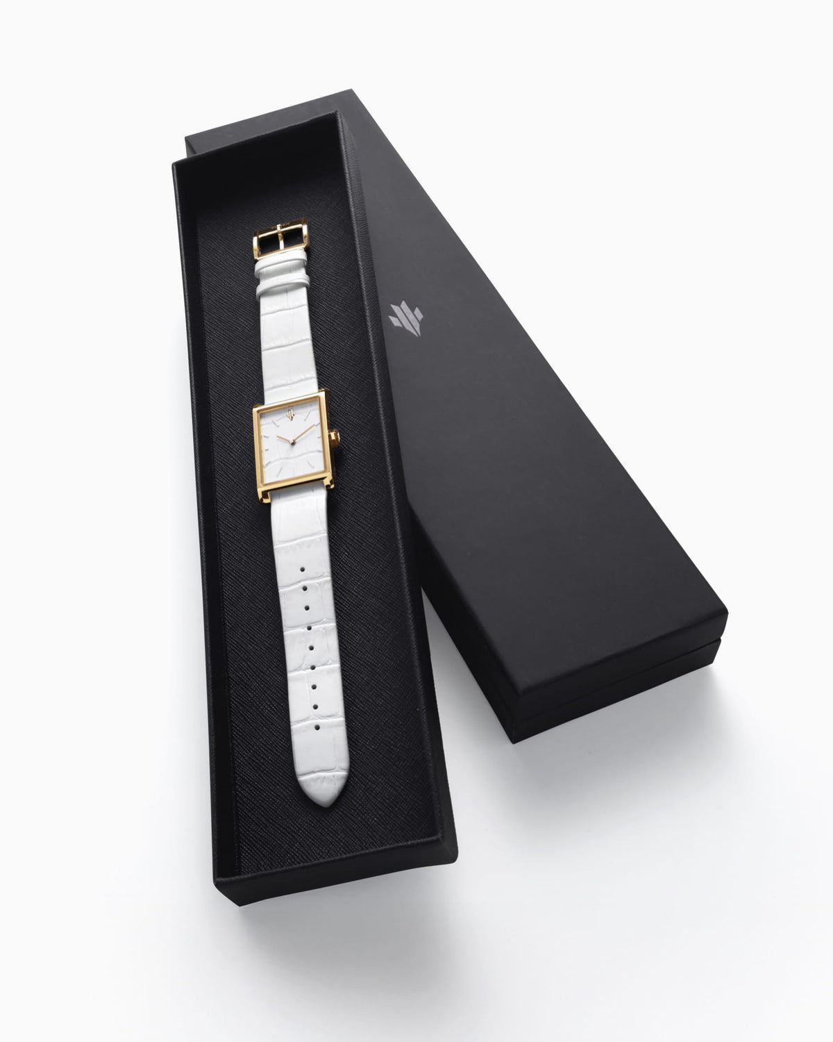 VIEREN Gold White Croc leather gold rectangular watch with valet tray and box set packaging