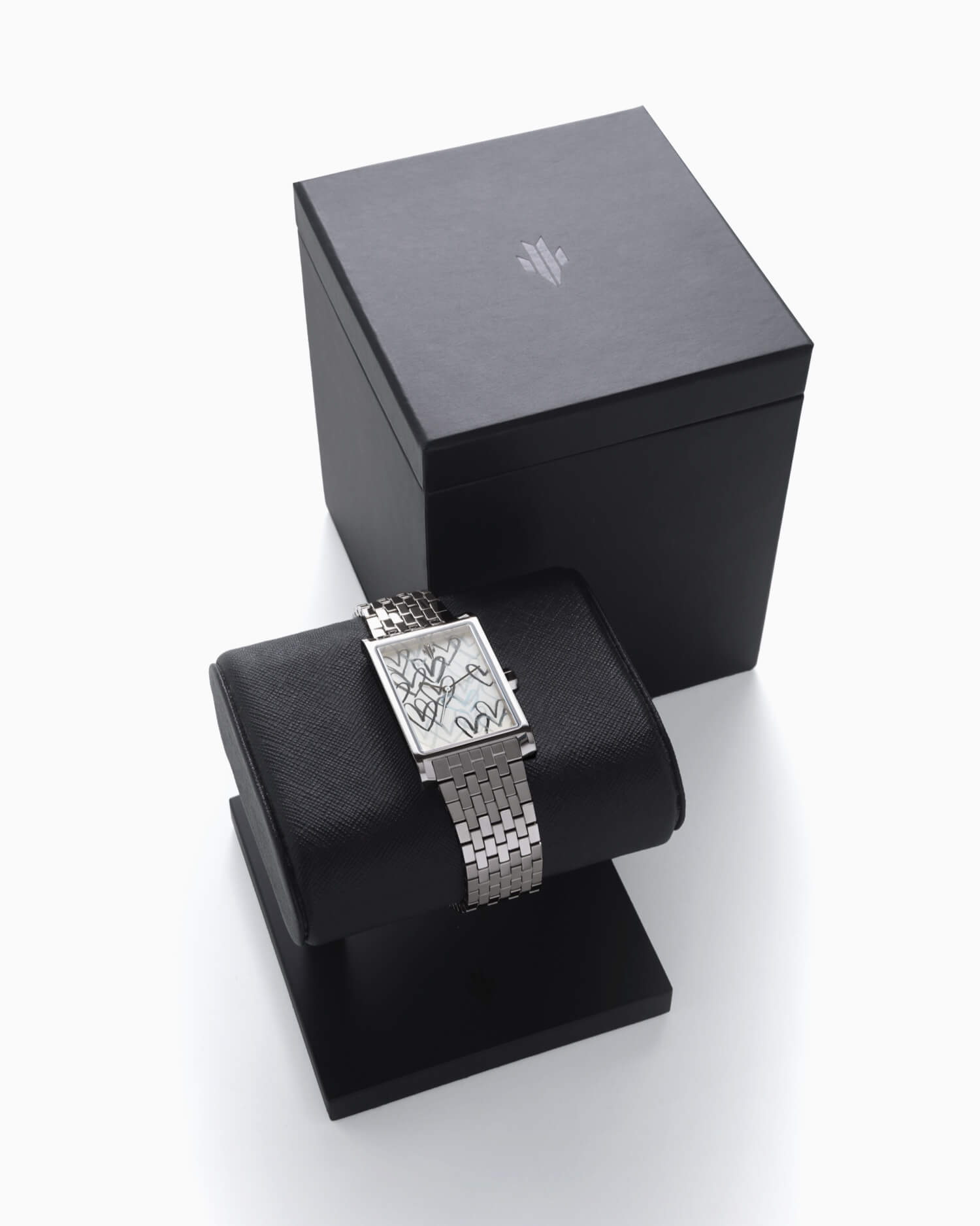 VIEREN x James Goldcrown rectangular watch with signature box set and display stand packaging