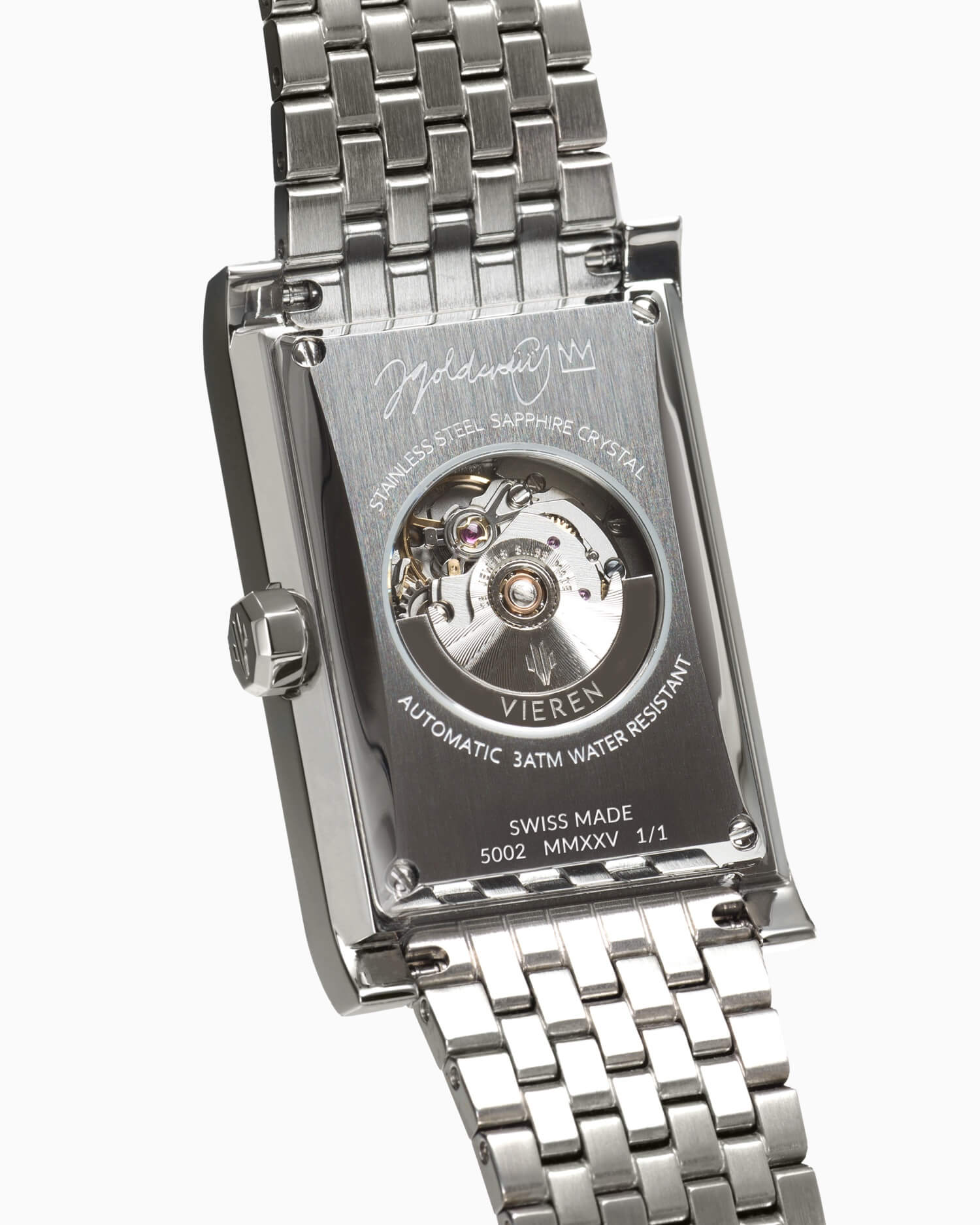 VIEREN x James Goldcrown rectangular watch caseback with engraved artist signature