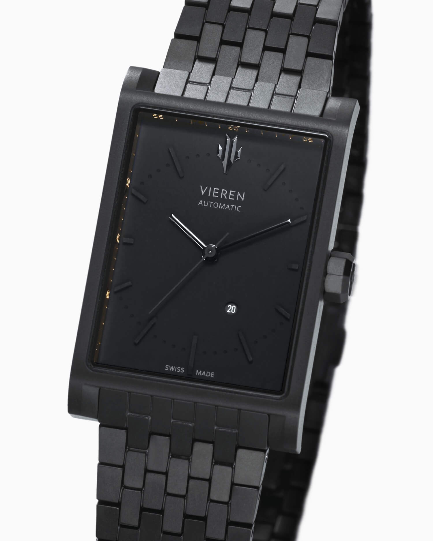 VIEREN Matte Black rectangular watch dial with silver icon and 18K gold rehaut ring
