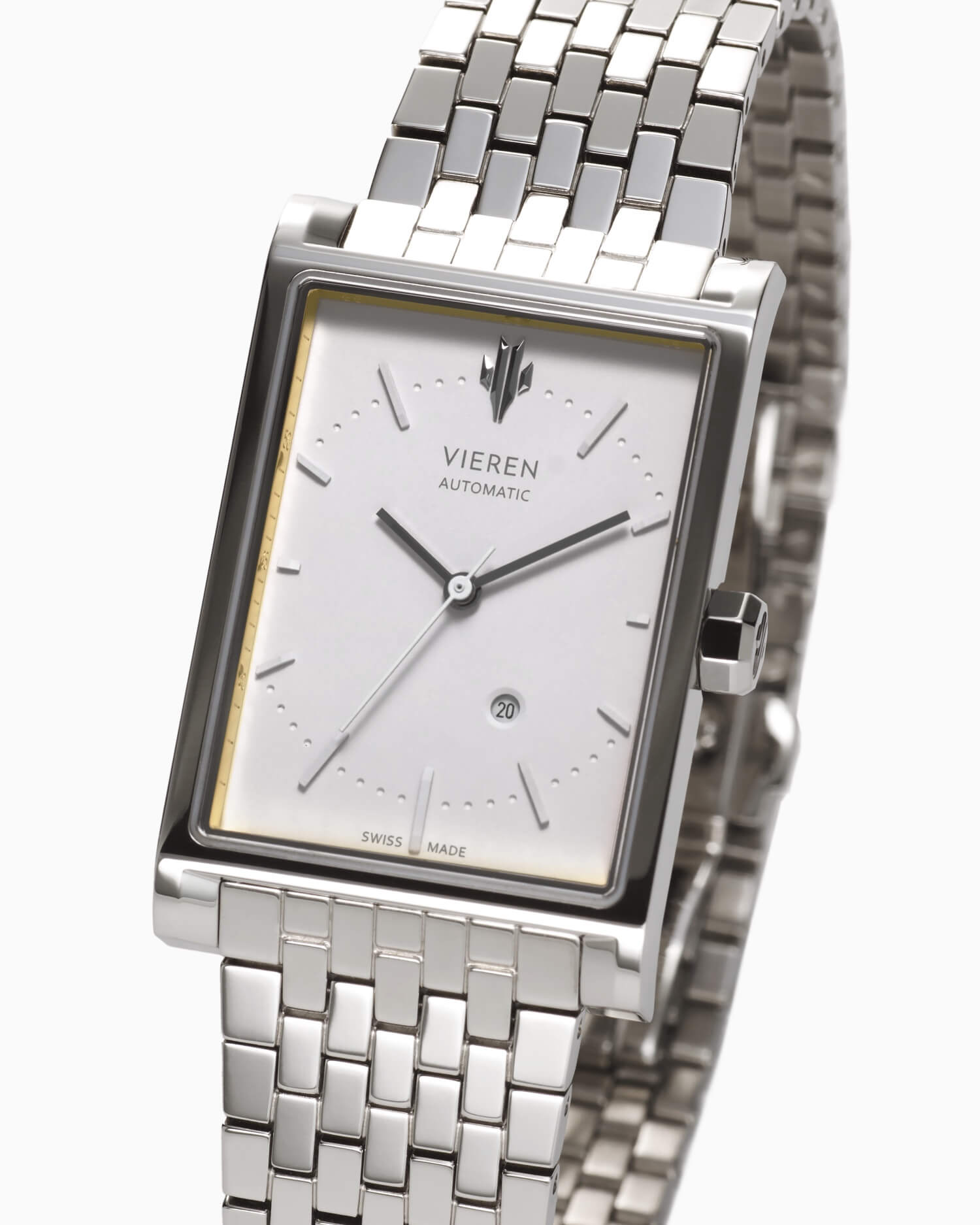 VIEREN Matte White rectangular watch dial with silver icon and 18K gold rehaut ring