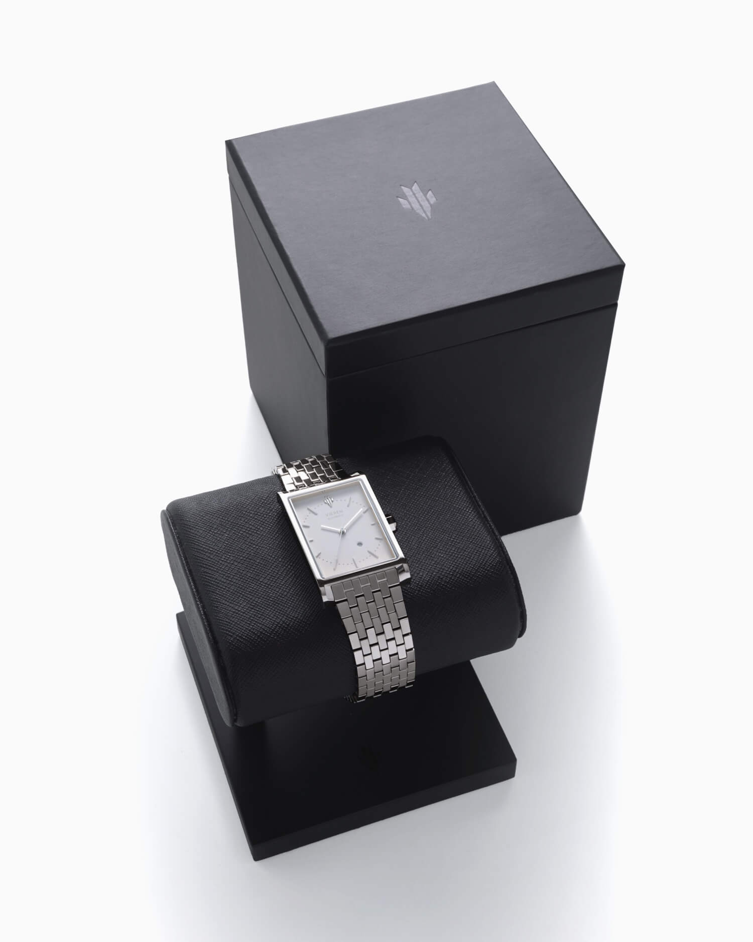 VIEREN Matte White rectangular watch with signature box set and display stand packaging