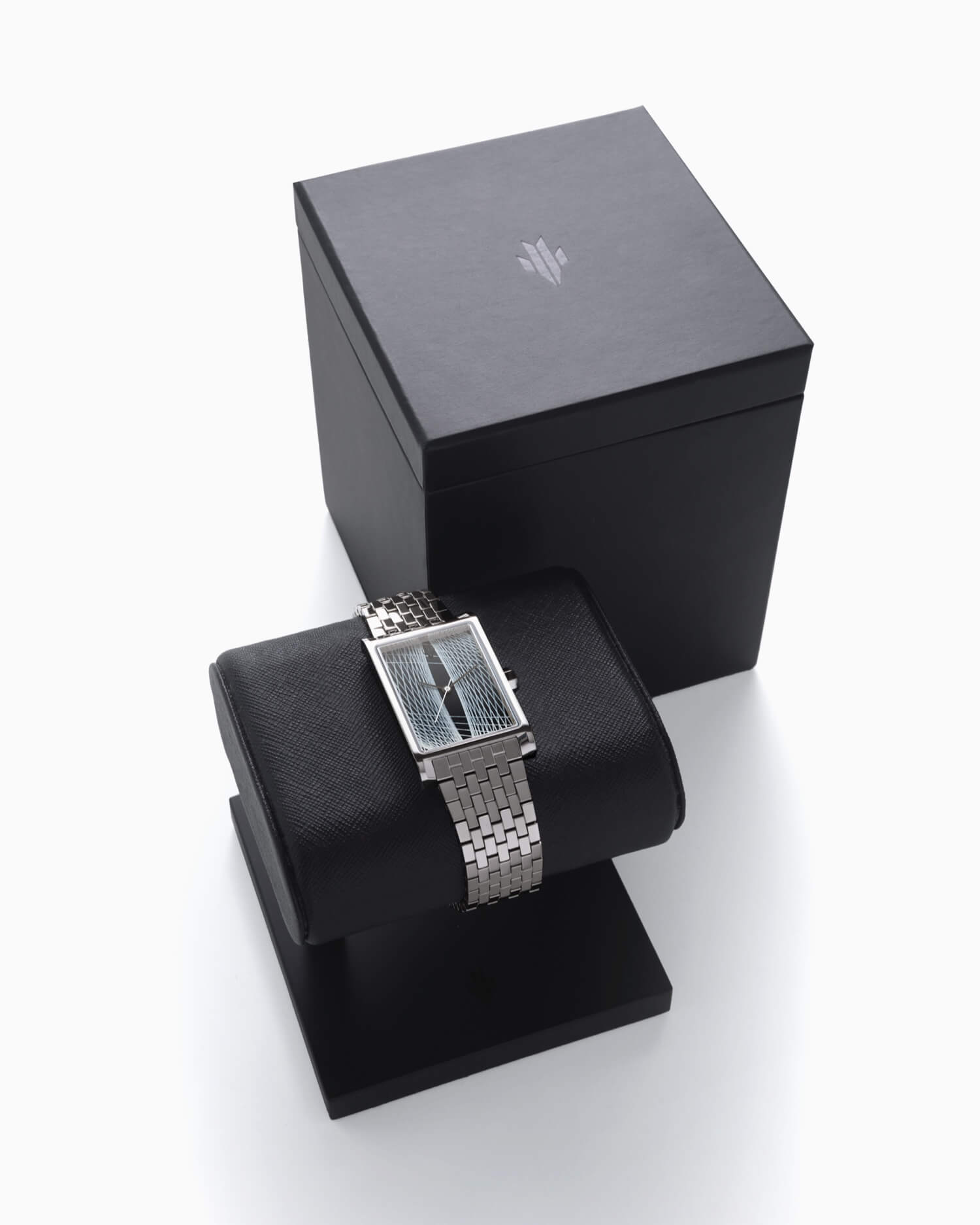 VIEREN x Sébastien Preschoux rectangular watch with signature box set and display stand packaging
