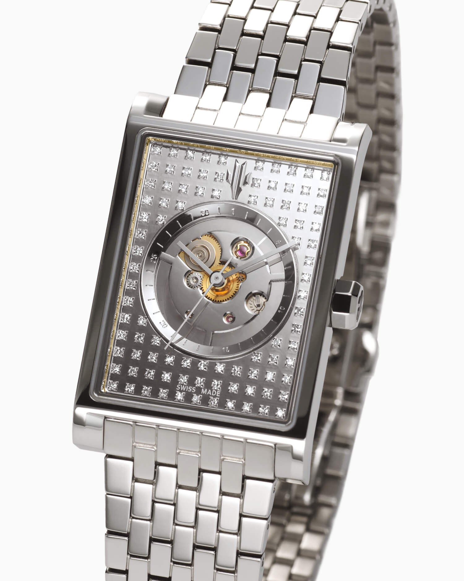 VIEREN Steel Stereo Diamond rectangular watch dial with natural diamond skeleton design and 18K gold rehaut ring