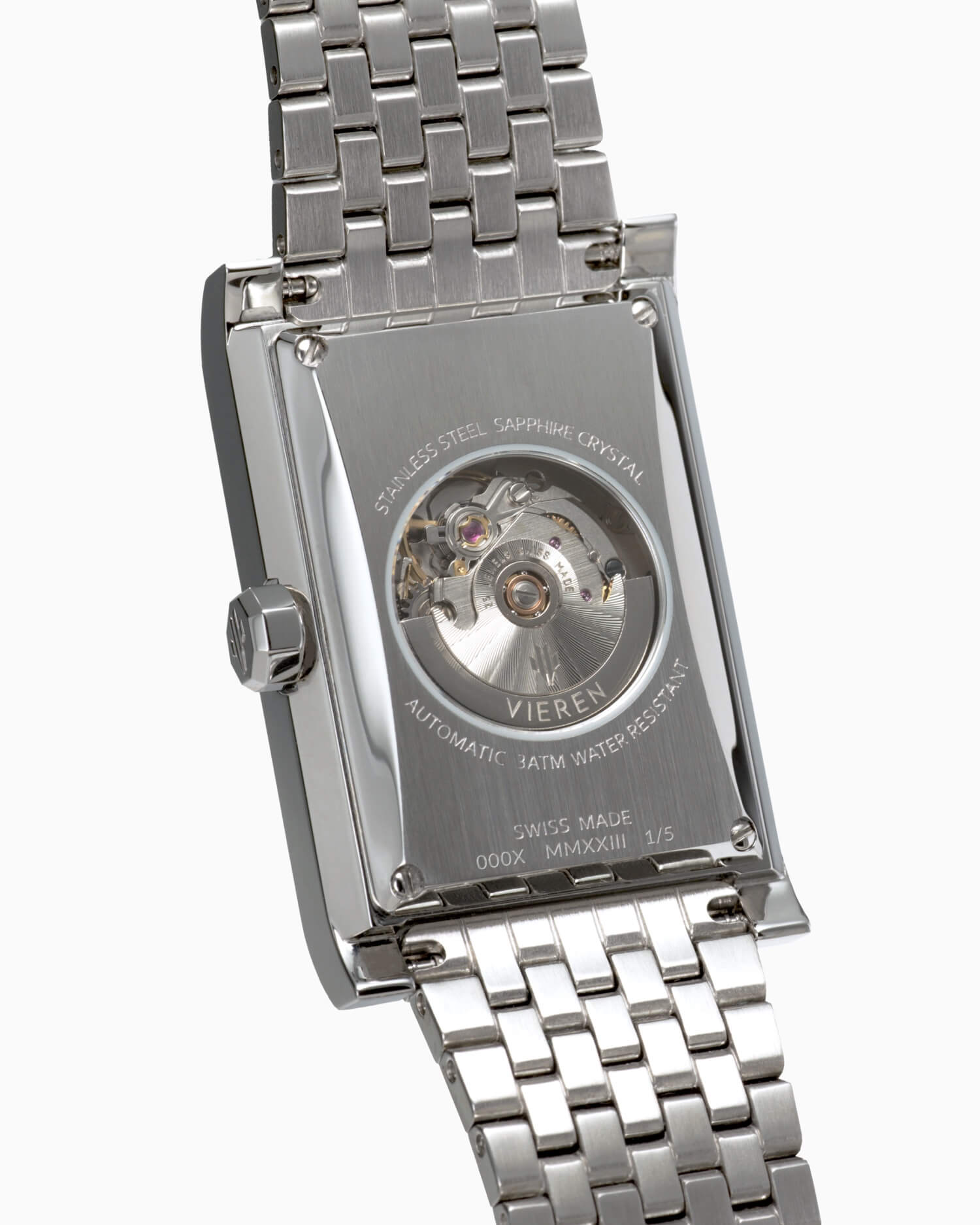 VIEREN Steel Stereo Diamond rectangular watch caseback revealing Swiss ETA 2671 automatic movement