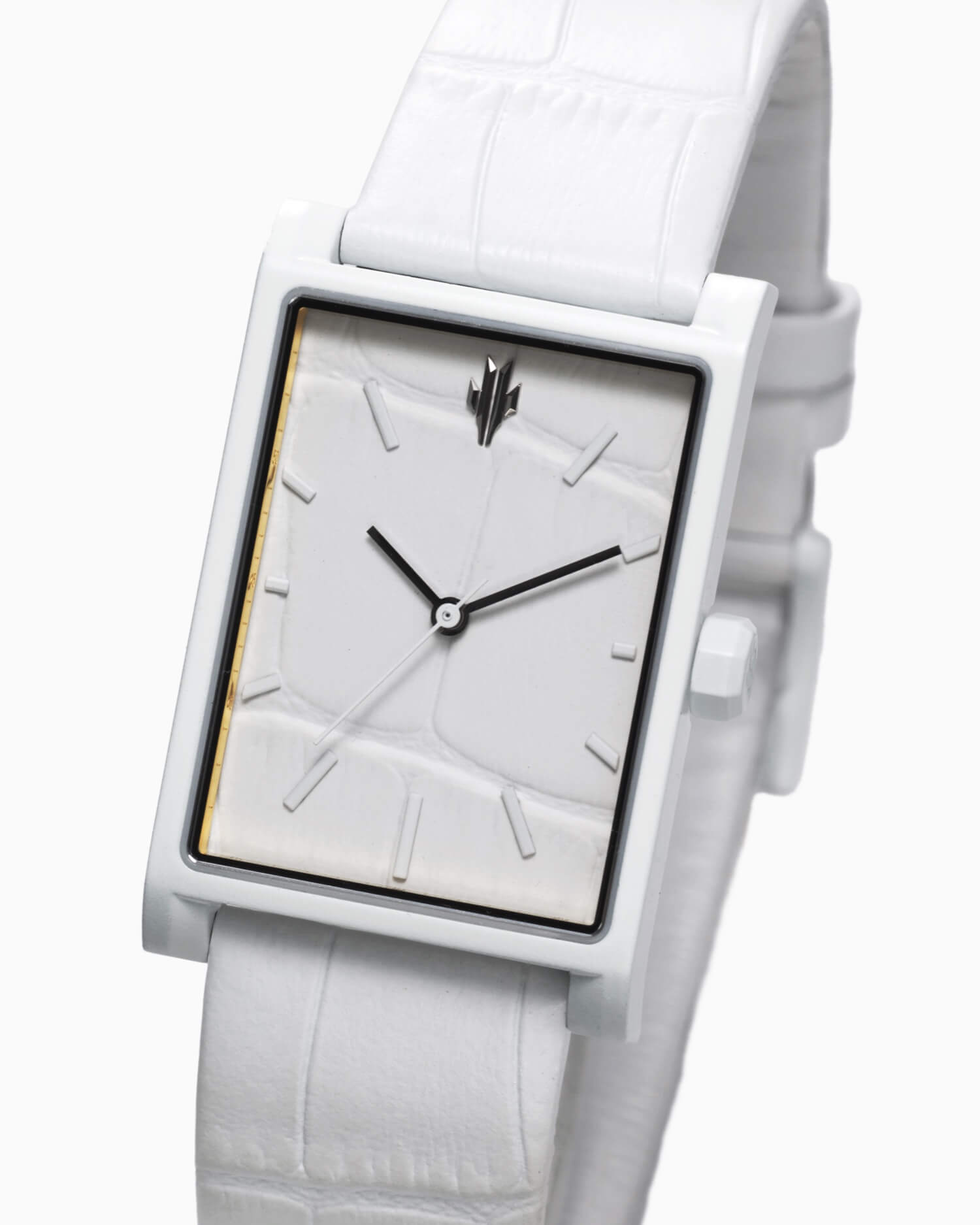 VIEREN White Croc Leather rectangular watch dial with silver icon and 18K gold rehaut ring