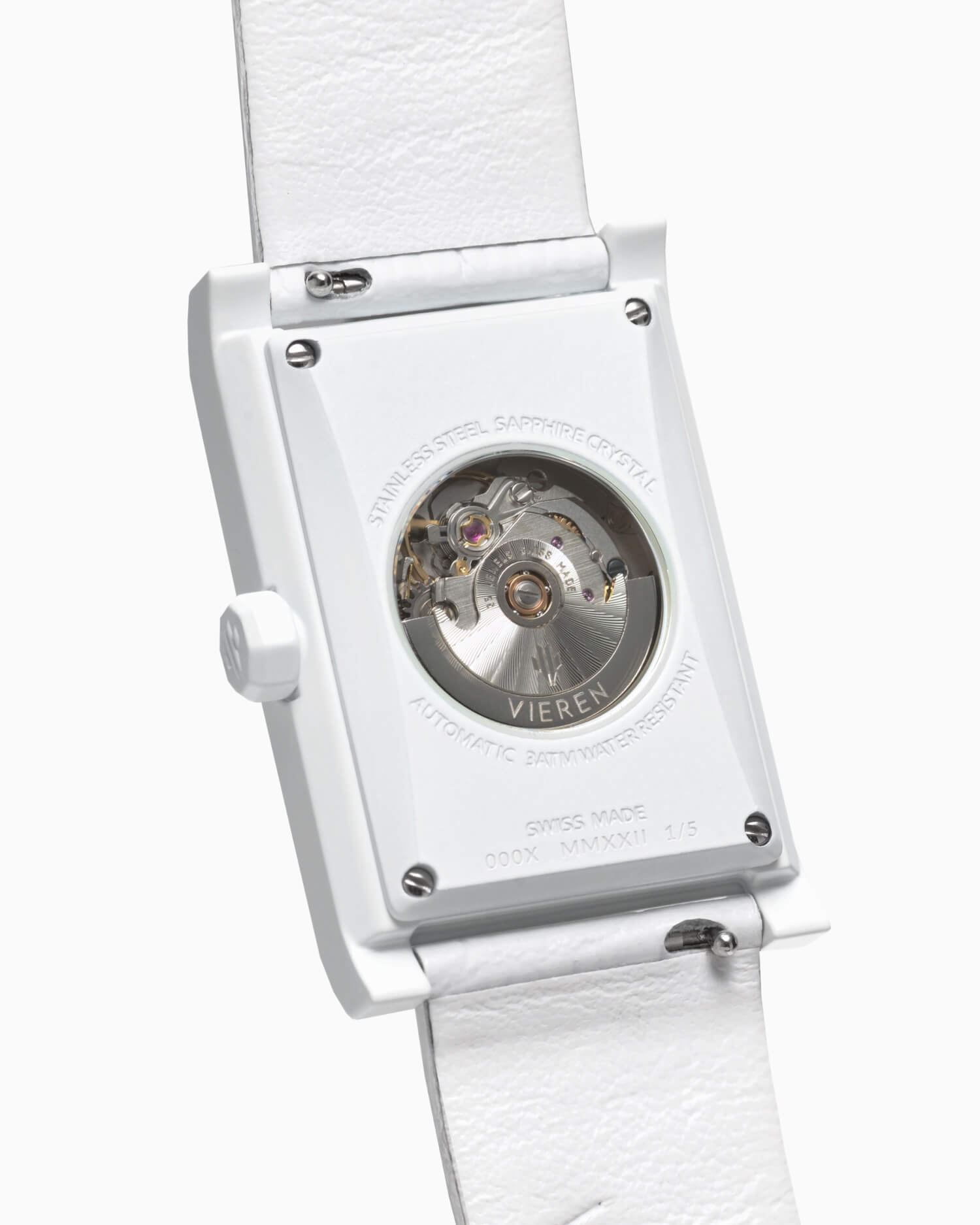 VIEREN White Croc Leather rectangular watch caseback revealing Swiss ETA 2671 automatic movement