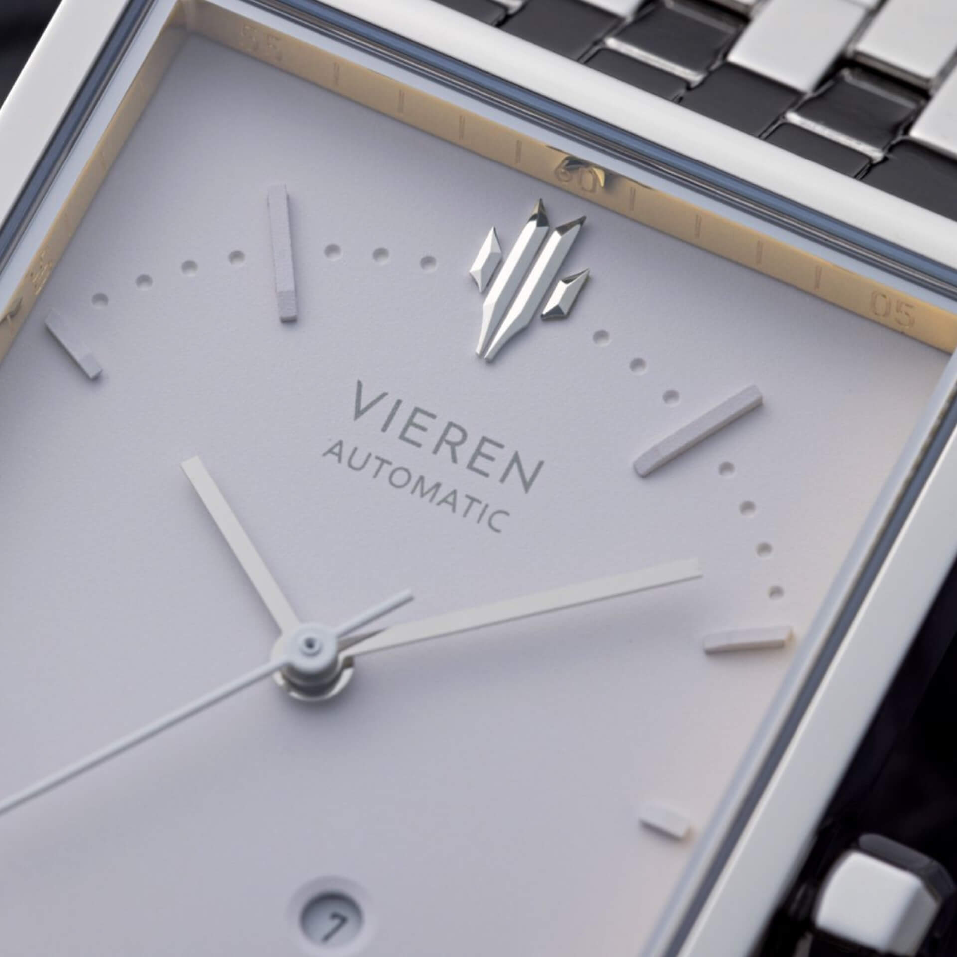 VIEREN Matte White rectangular watch dial with silver icon and 18K gold rehaut ring