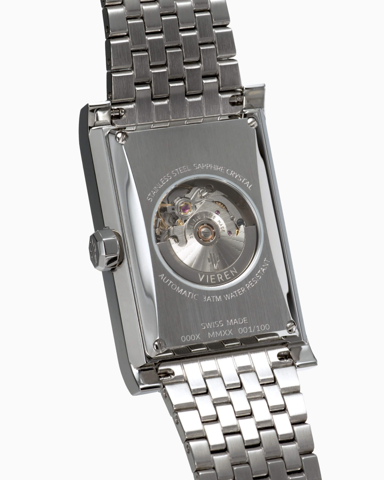 VIEREN White Diamond rectangular watch caseback revealing Swiss ETA 2671 automatic movement