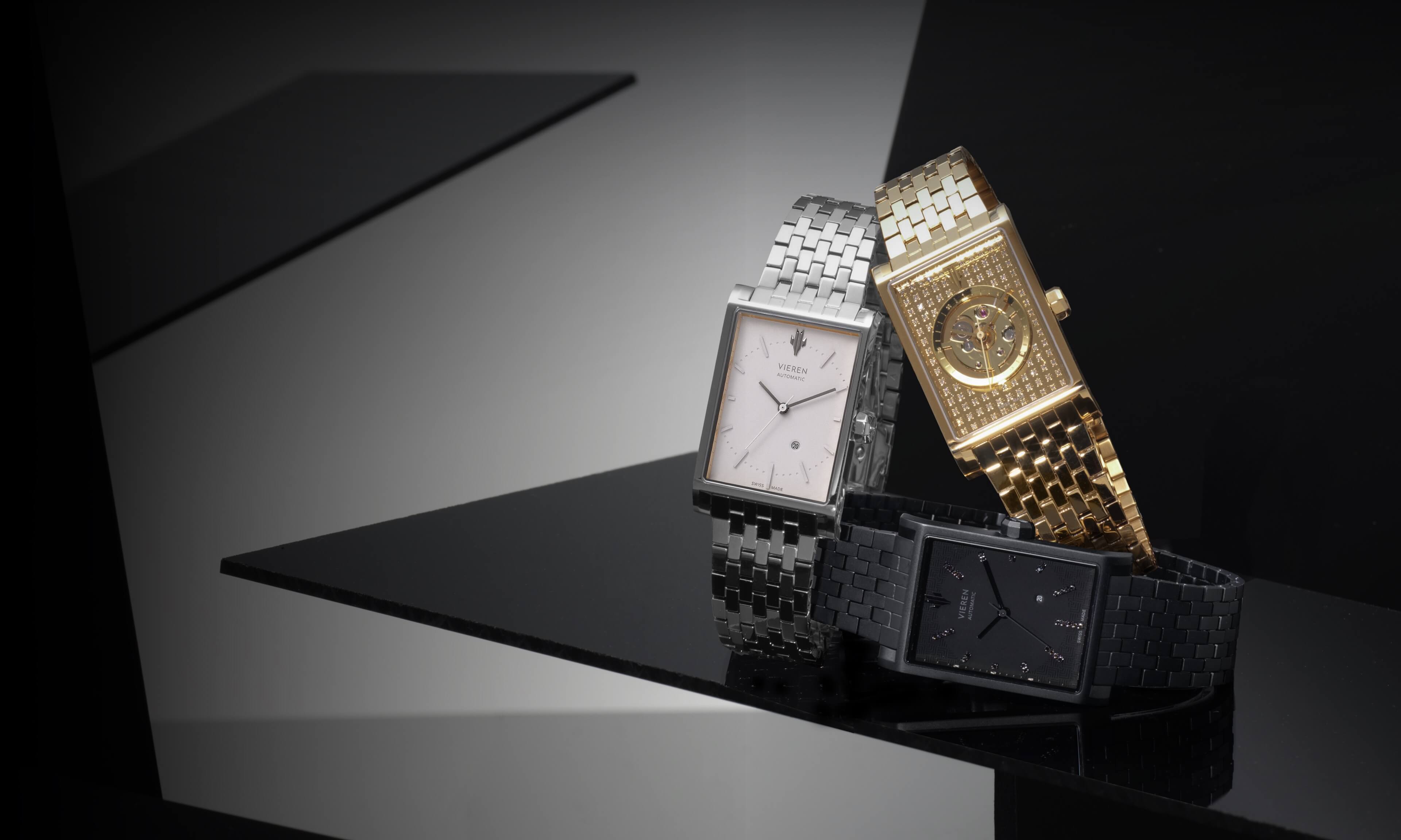 VIEREN luxury rectangular watches in gold, silver, and black finishes