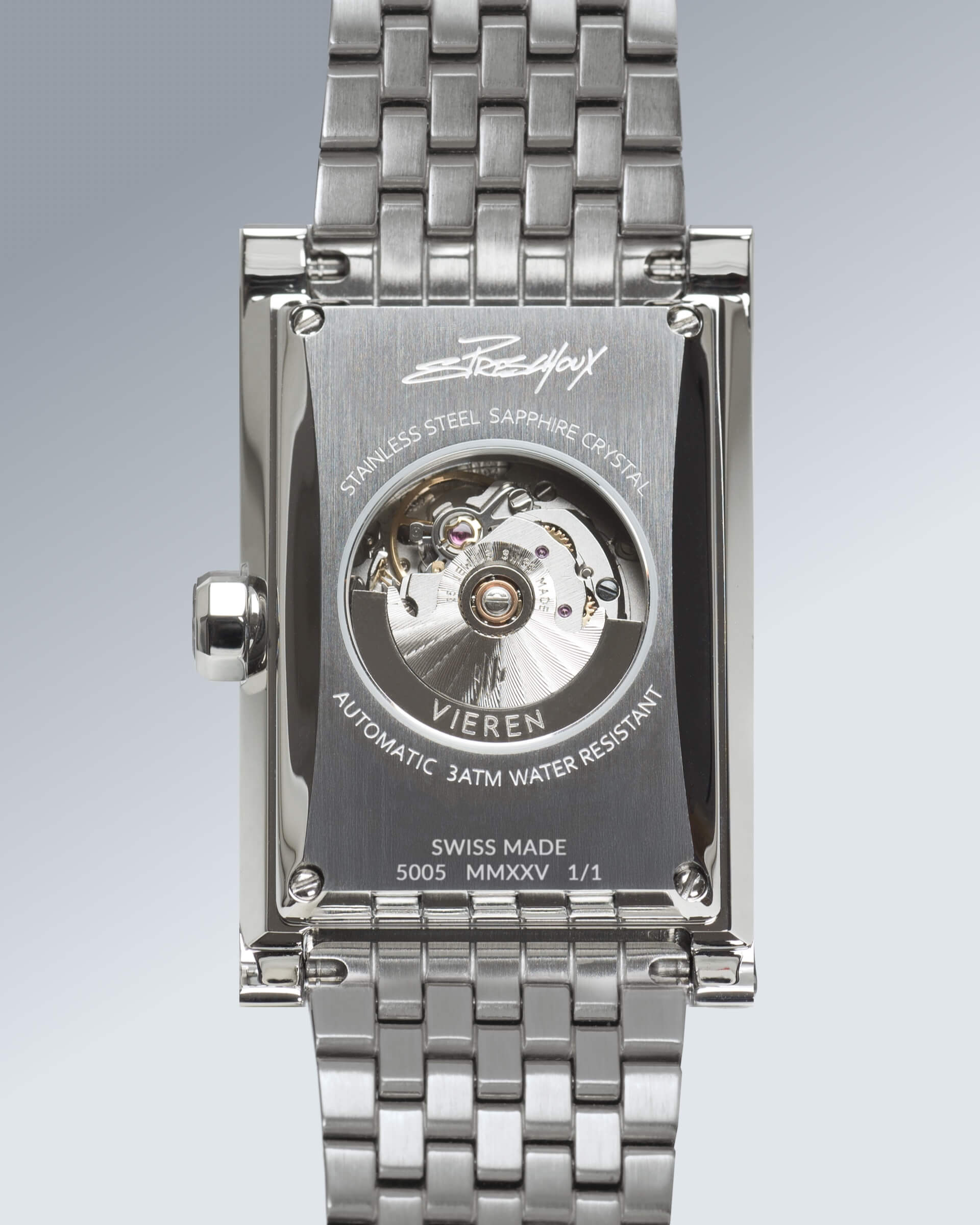VIEREN x Sébastien Preschoux rectangular watch with Swiss Made ETA 2671 automatic movement and engraved artist signature