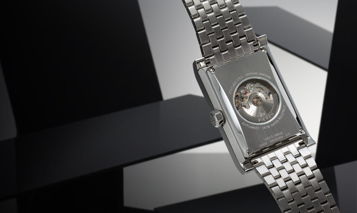 VIEREN Swiss Made ETA 2671 automatic movement with rotor inside silver rectangular watch caseback