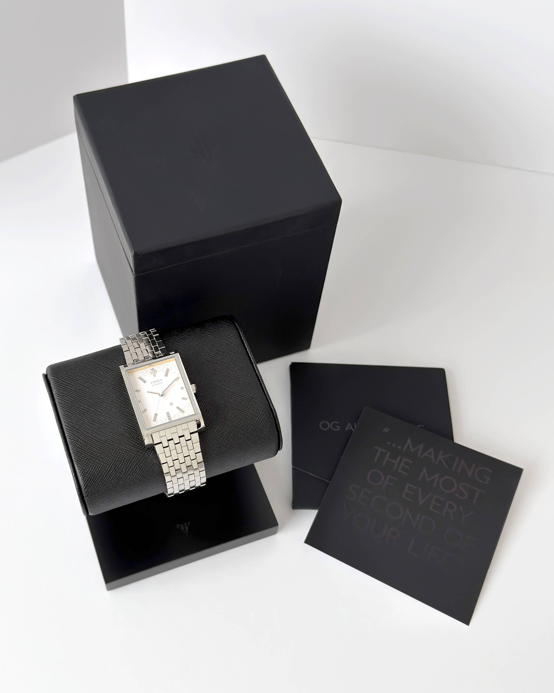 VIEREN silver rectangular watch with signature box set and printed packaging materials