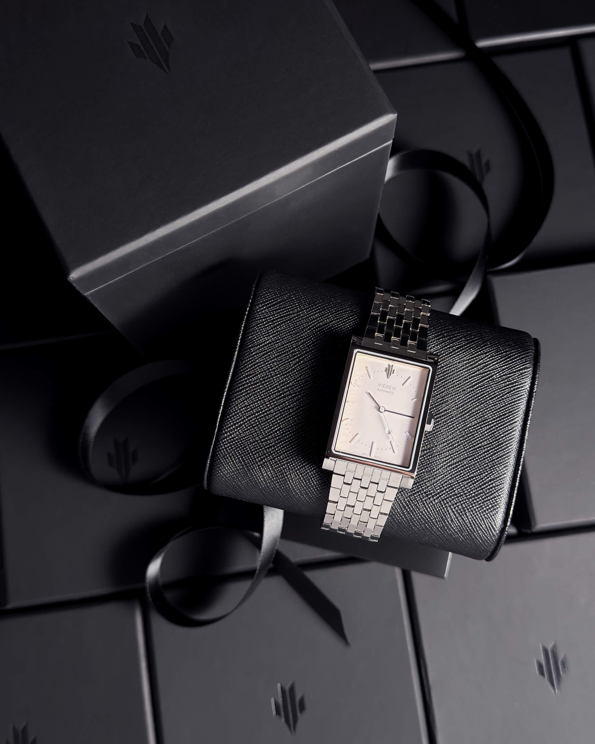 VIEREN silver rectangular watch with luxury packaging, display stand, and signature box set