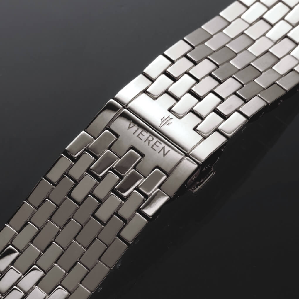 VIEREN Steel Stereo Diamond rectangular watch with integrated stainless steel bracelet and dual deployment clasp