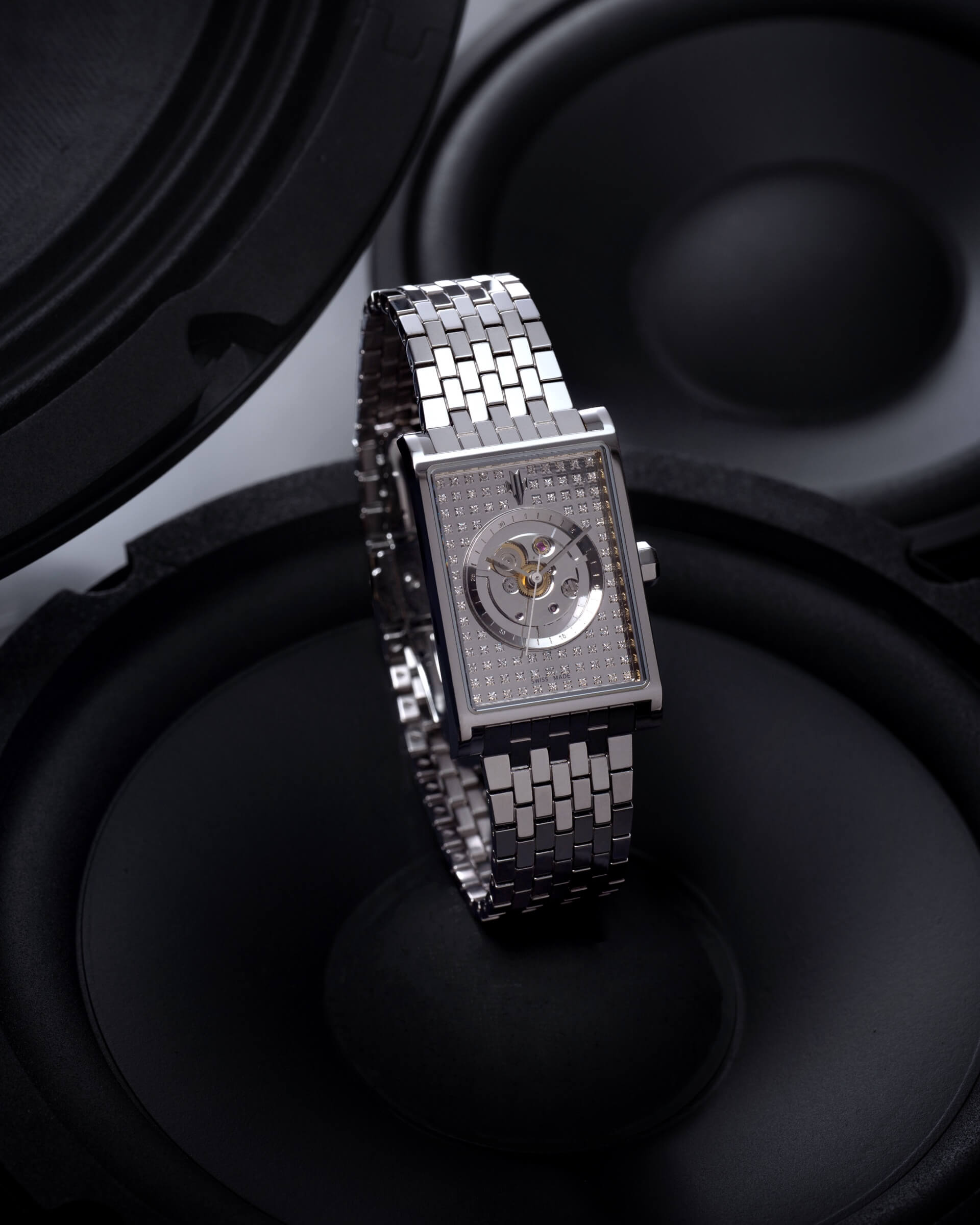 VIEREN Steel Stereo Diamond rectangular watch inspired by Studio 54 glamour