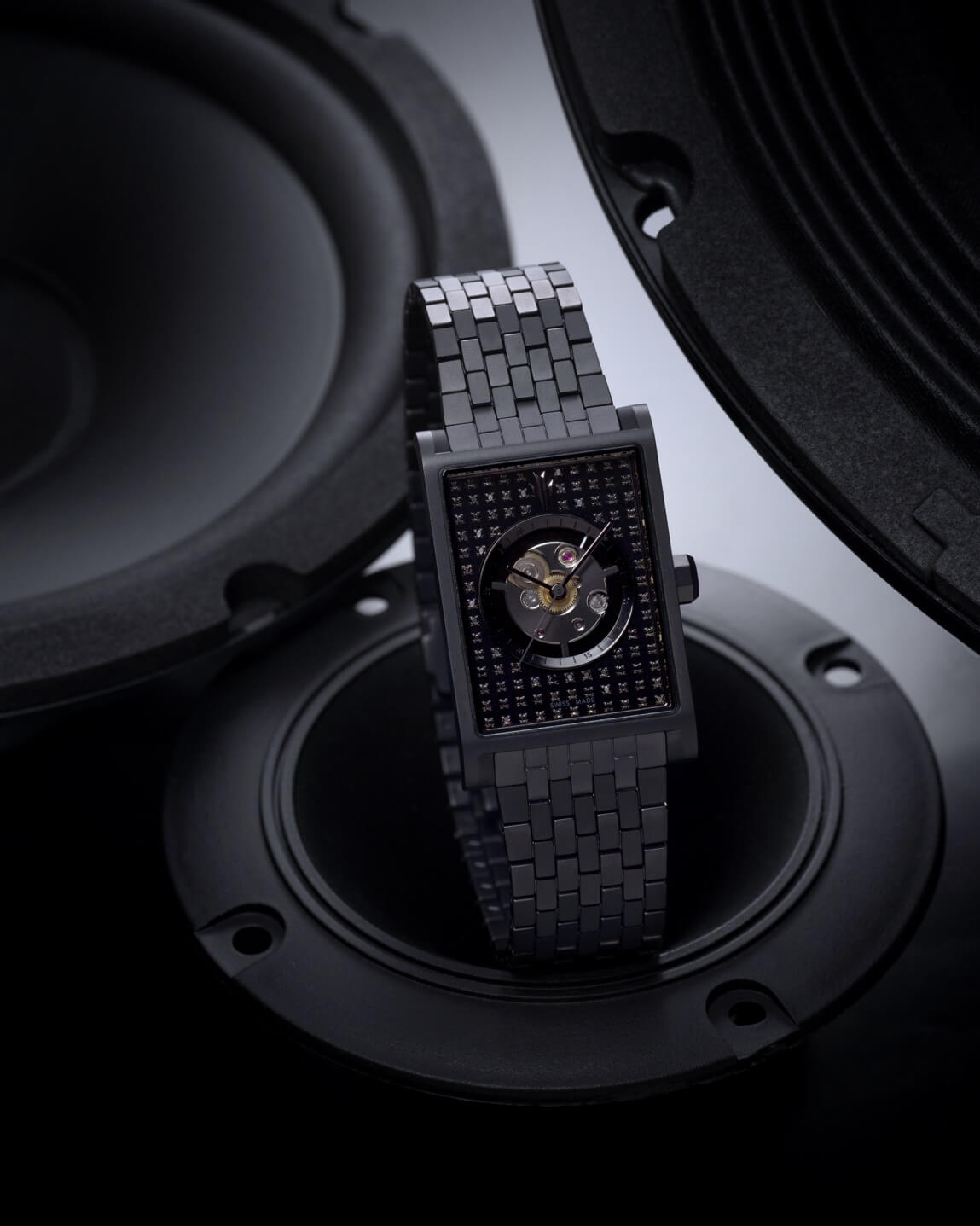 VIEREN Black Stereo Diamond rectangular watch with black diamond skeleton dial