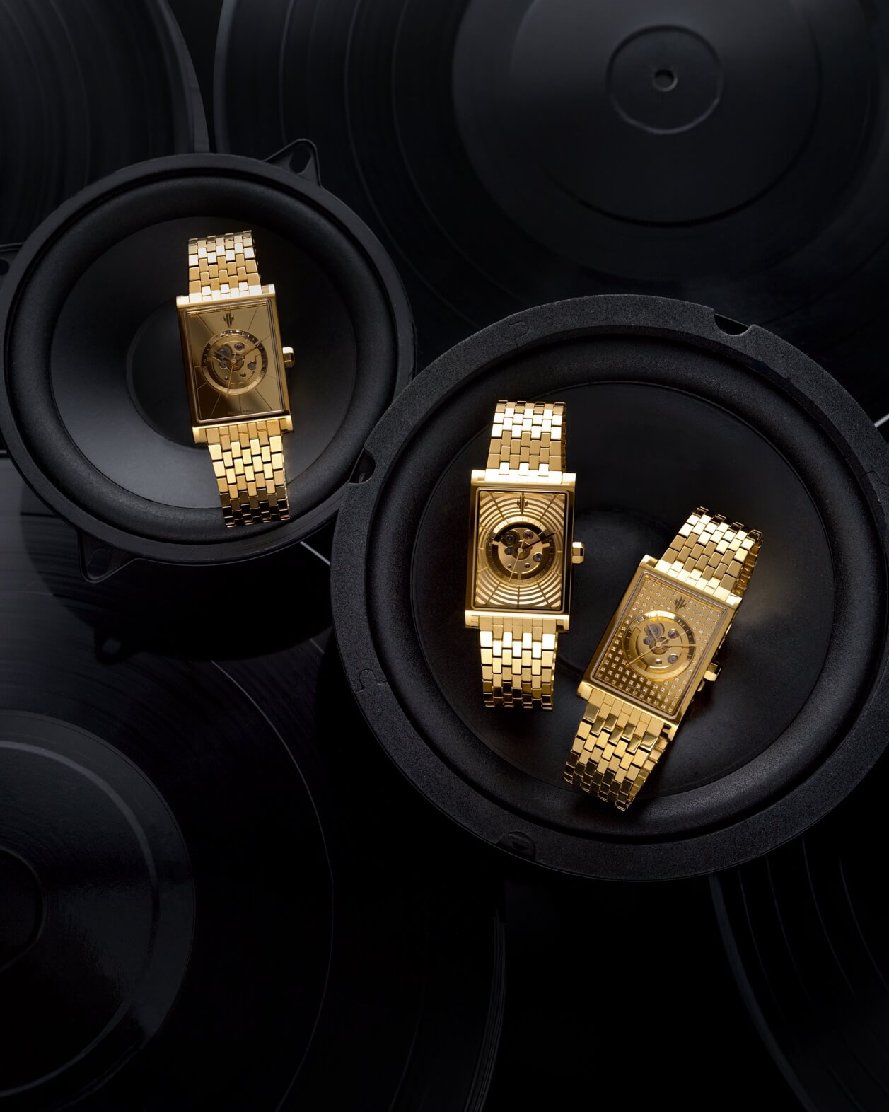 VIEREN gold rectangular watches with skeleton dials and stereo inspiration