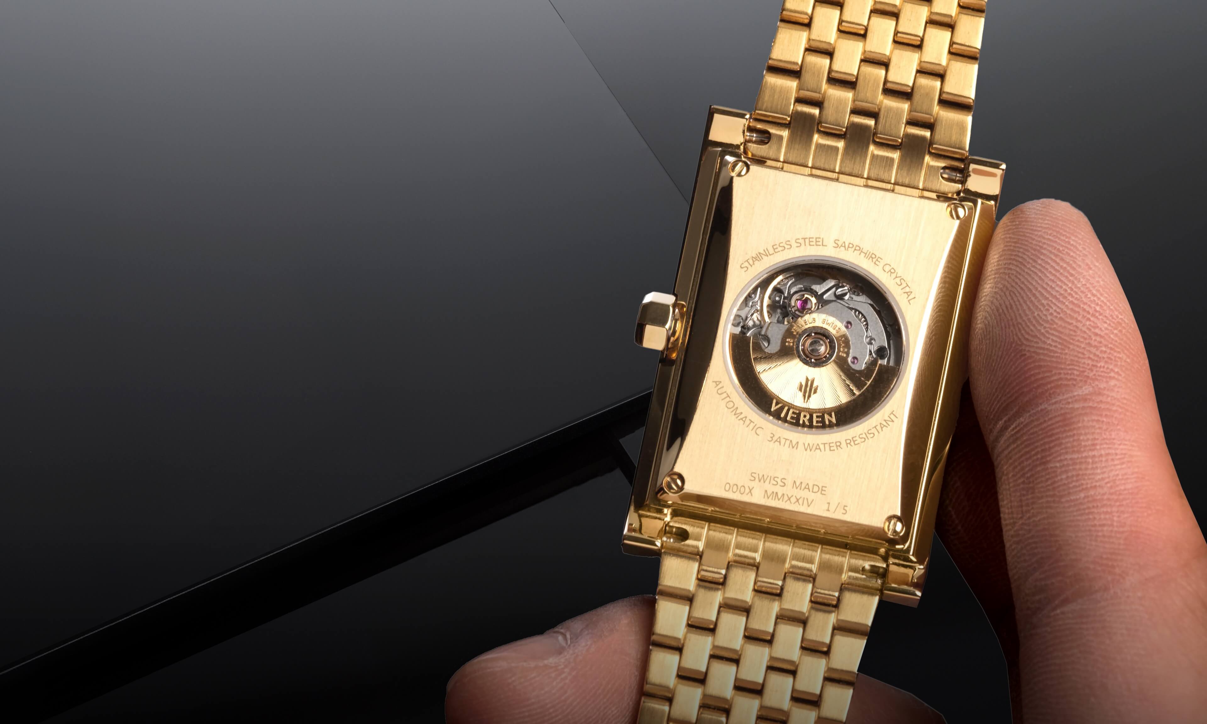 VIEREN gold rectangular watch caseback with Swiss ETA 2671 automatic movement