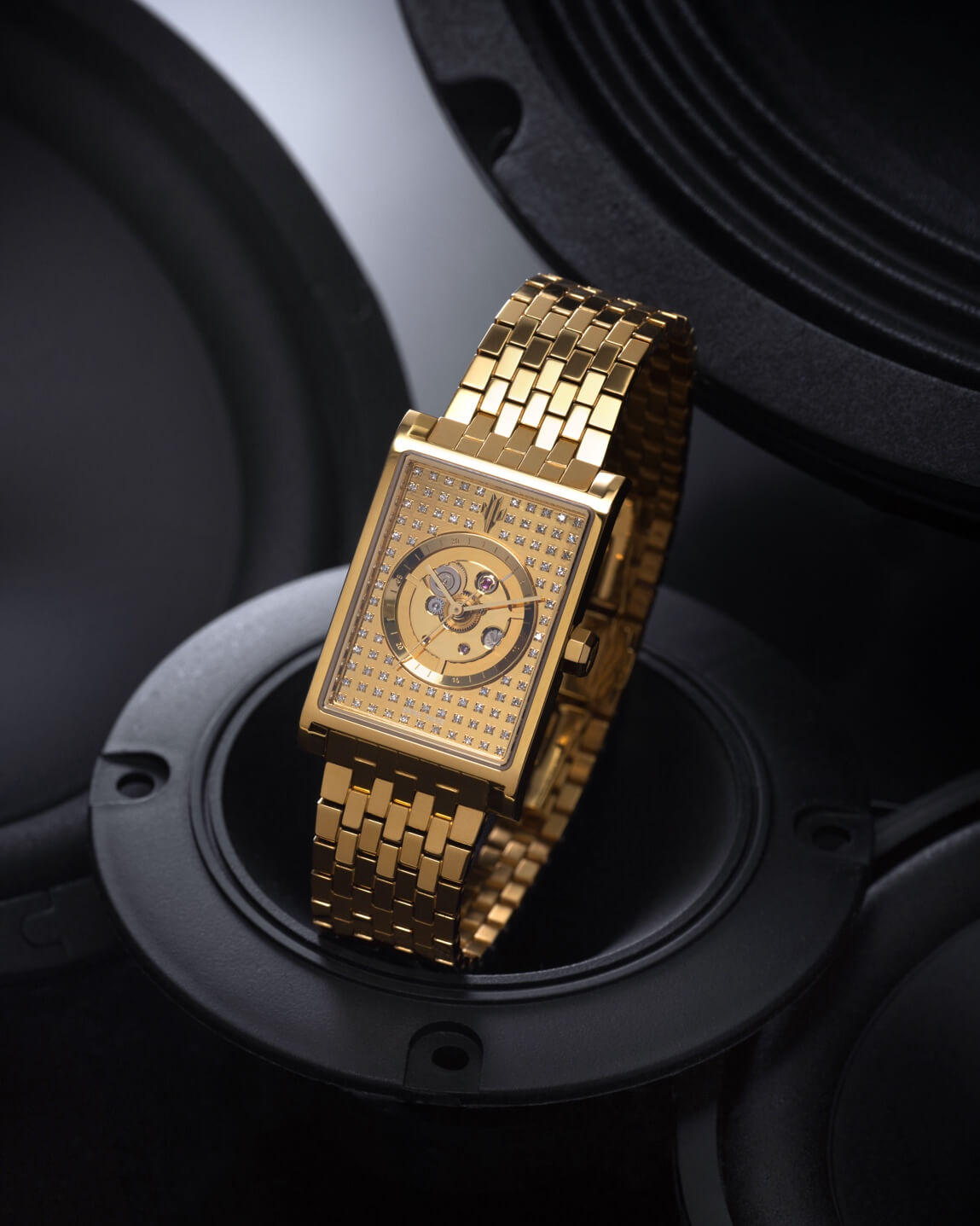 VIEREN Gold Stereo Diamond rectangular watch with natural diamond skeleton dial