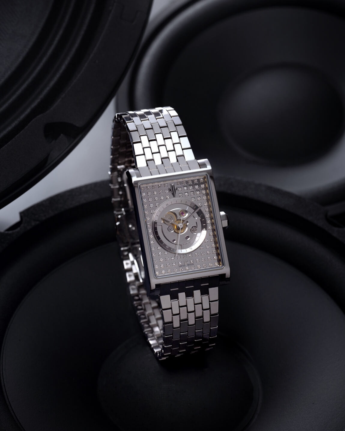VIEREN Steel Stereo Diamond rectangular watch with natural diamond skeleton dial