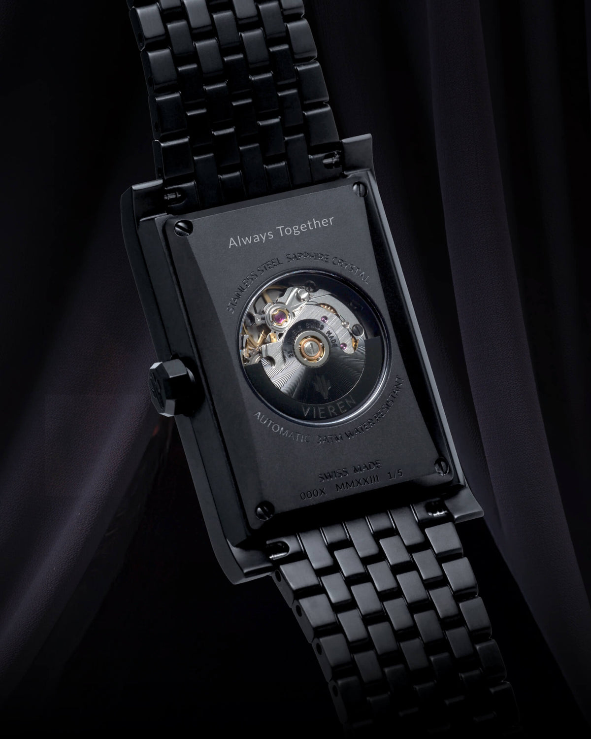 VIEREN Swiss Made automatic rectangular watch with "Always Together" personalized engraving couples gift