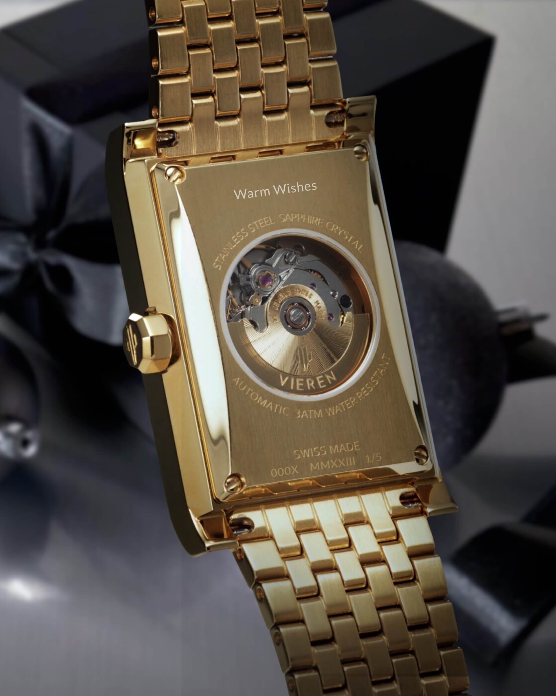 VIEREN Swiss Made automatic rectangular watch with "Warm Wishes" personalized engraving holiday gift