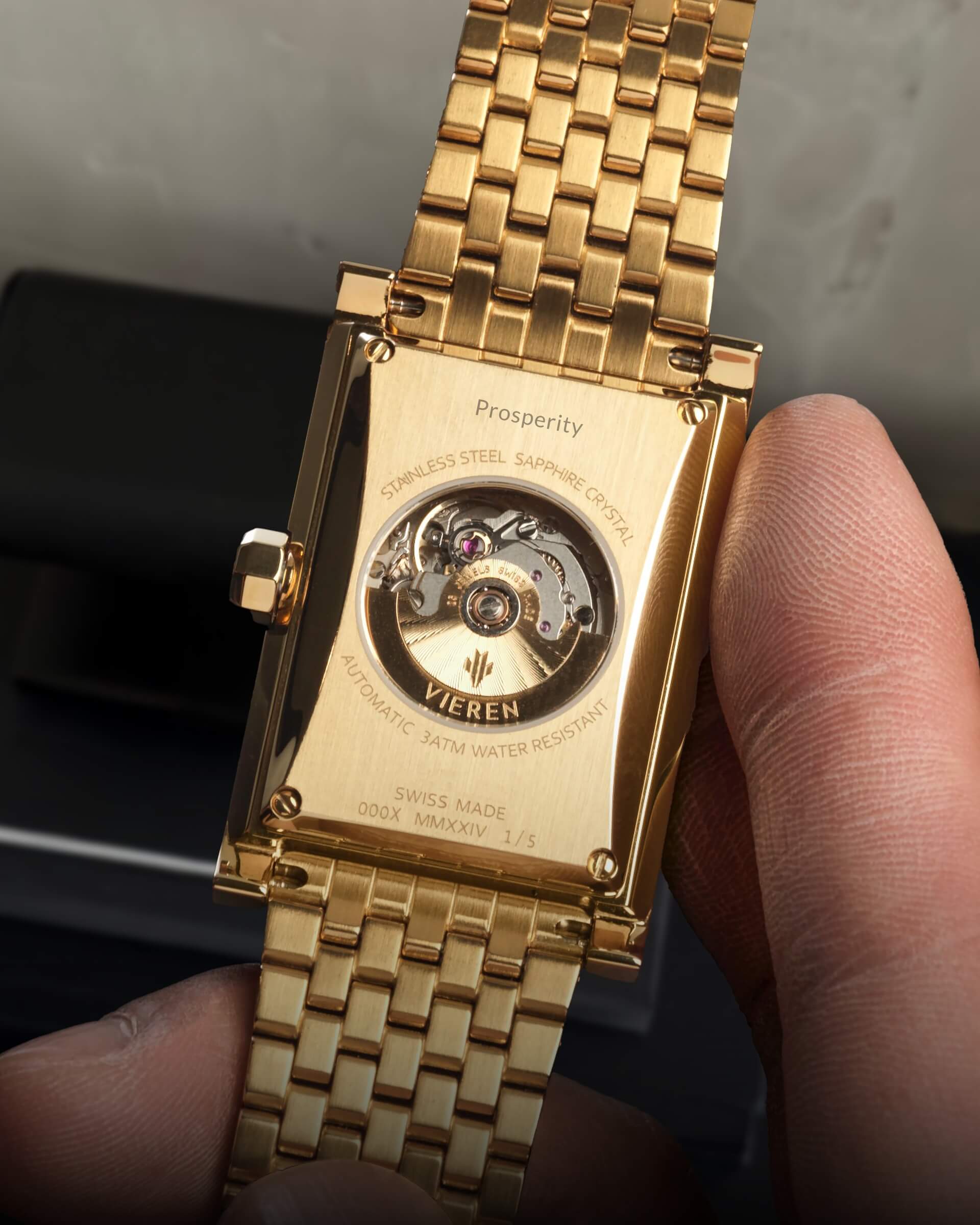 VIEREN Swiss Made automatic rectangular watch with "Prosperity" personalized engraving Lunar New Year gift