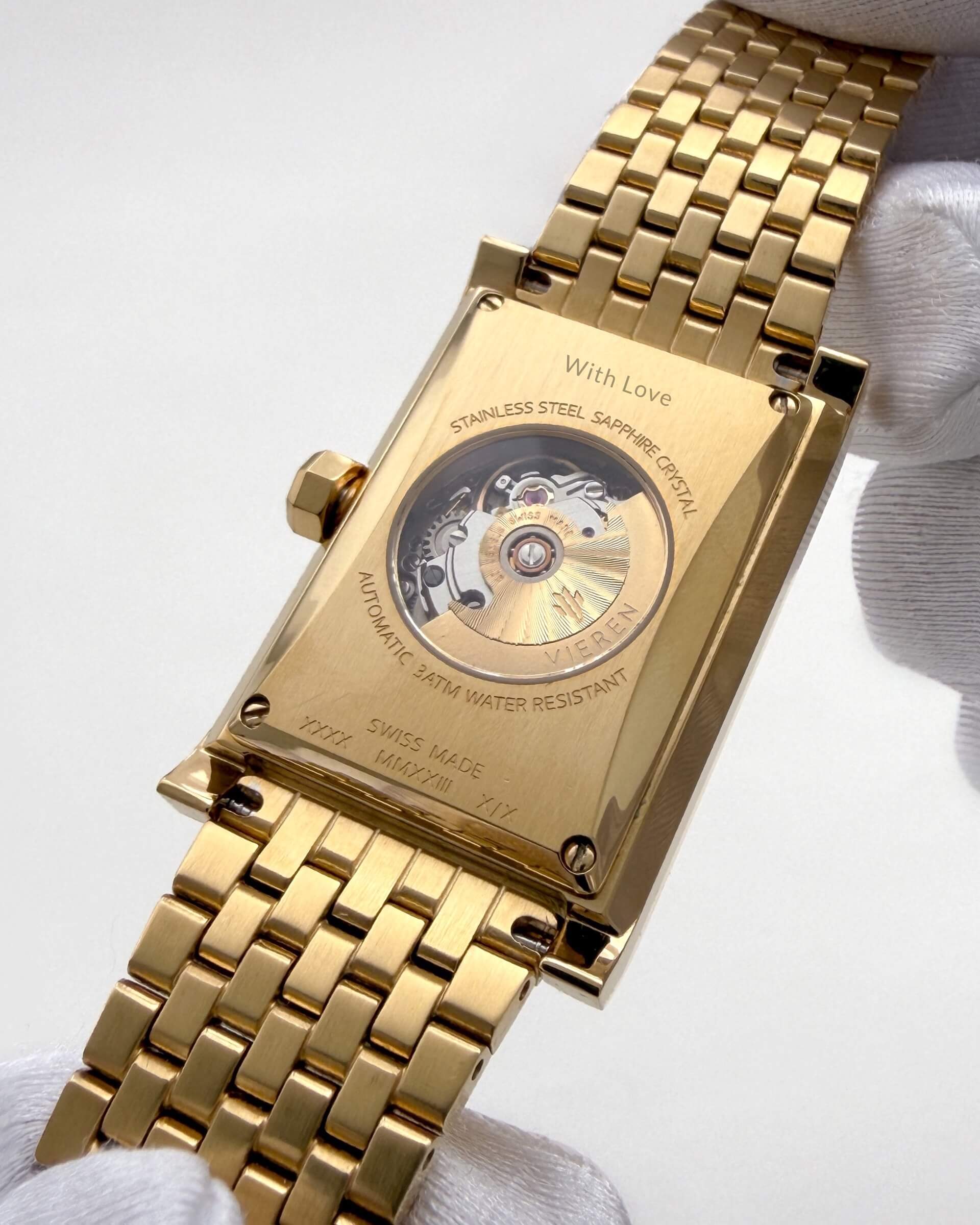 VIEREN Swiss Made automatic rectangular watch with "With Love" personalized engraving Mother's Day gift