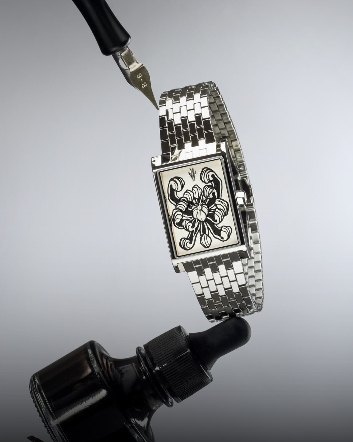 VIEREN x Kelly Violet Swiss Made automatic watch with hand-painted blackwork floral dial