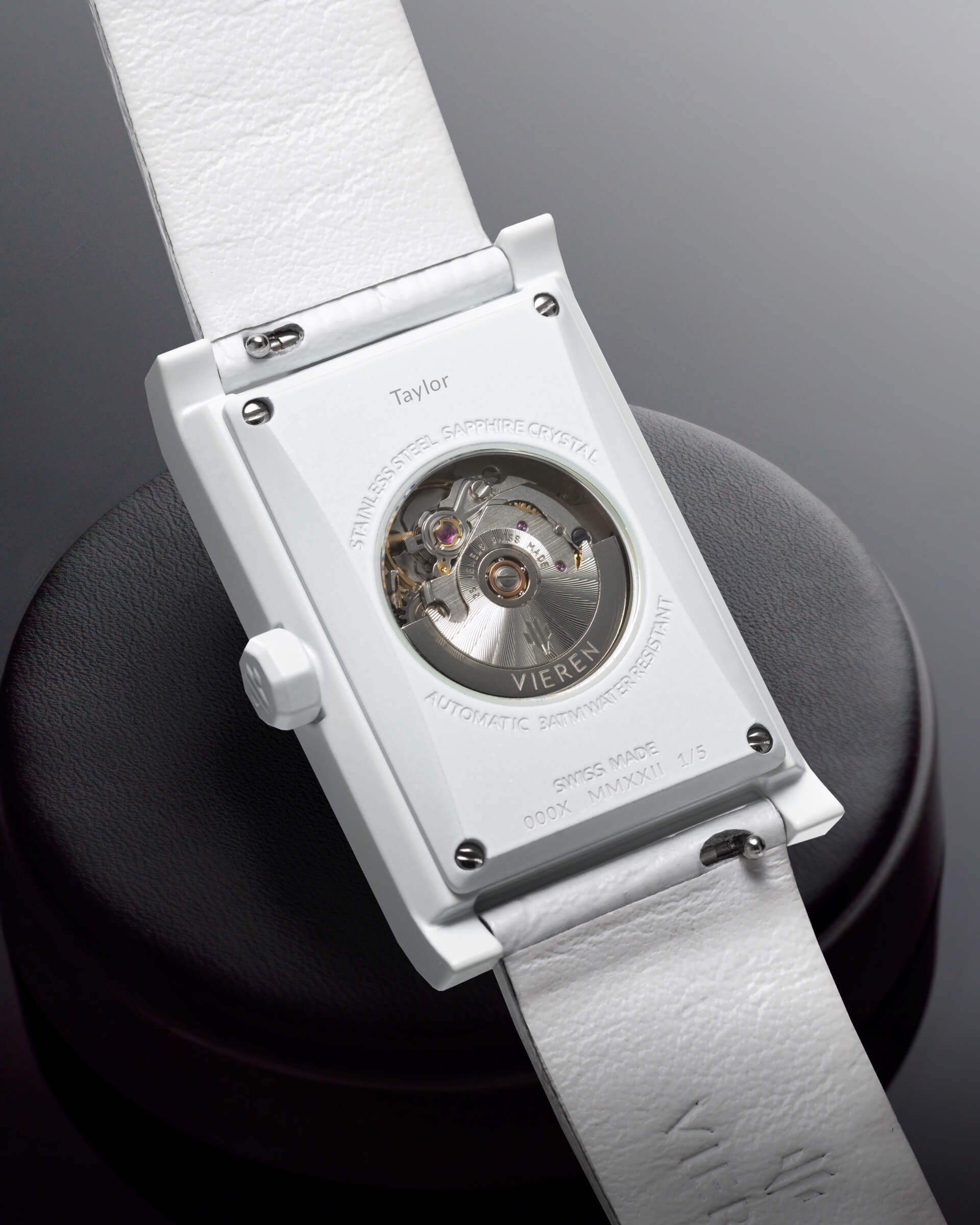 VIEREN White Croc Leather rectangular watch caseback with personalized engraving