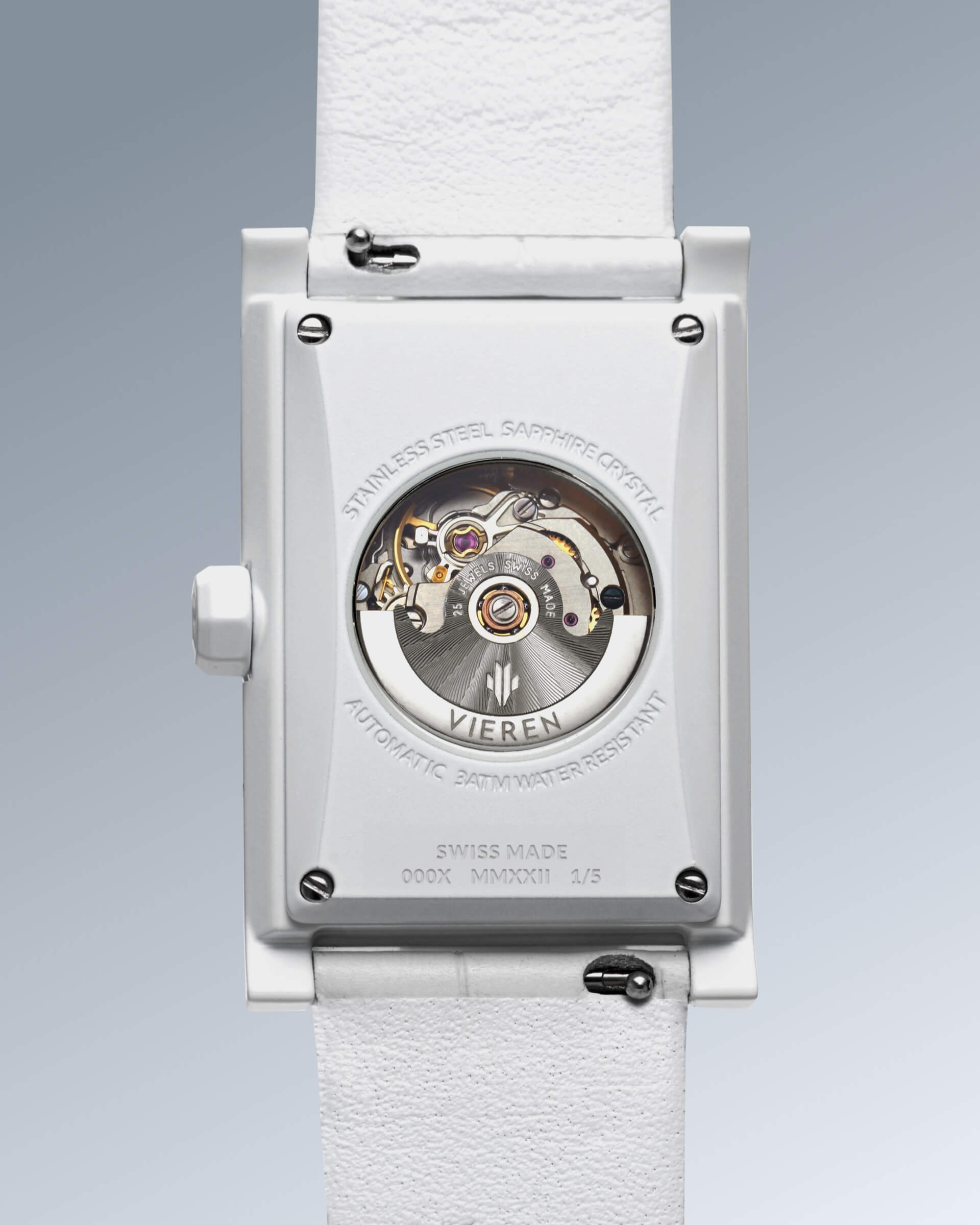 VIEREN White Croc Leather rectangular watch with Swiss Made ETA 2671 automatic movement, 25 jewels, and 44-hour power reserve