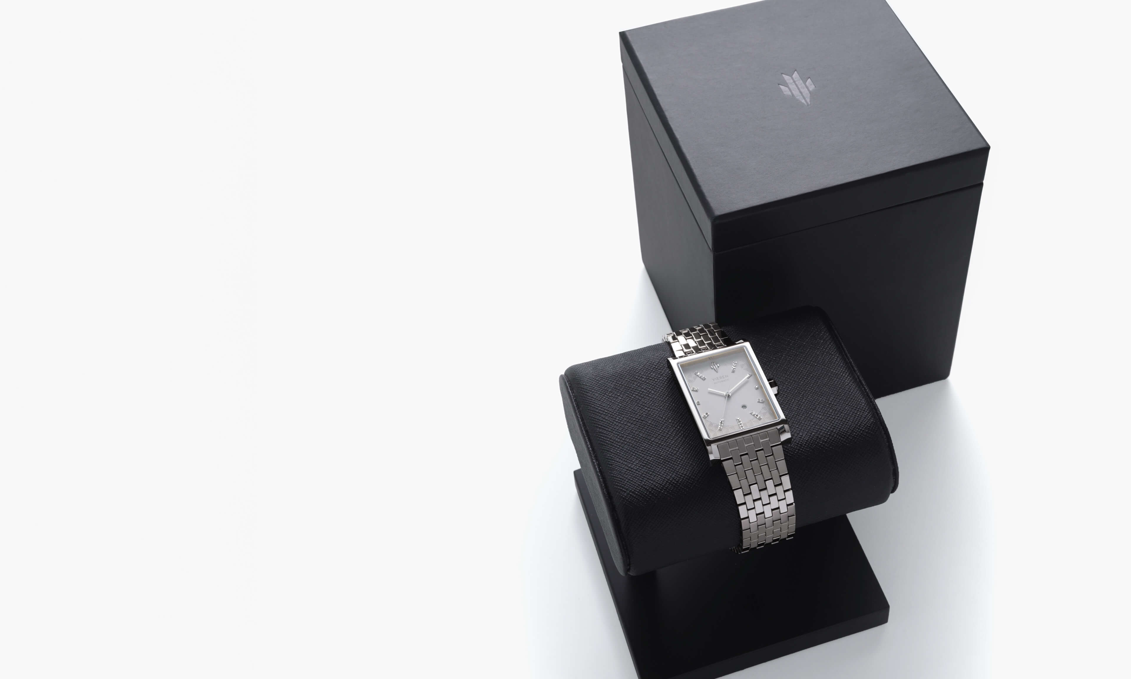 VIEREN White Diamond rectangular watch with signature box set and display stand packaging