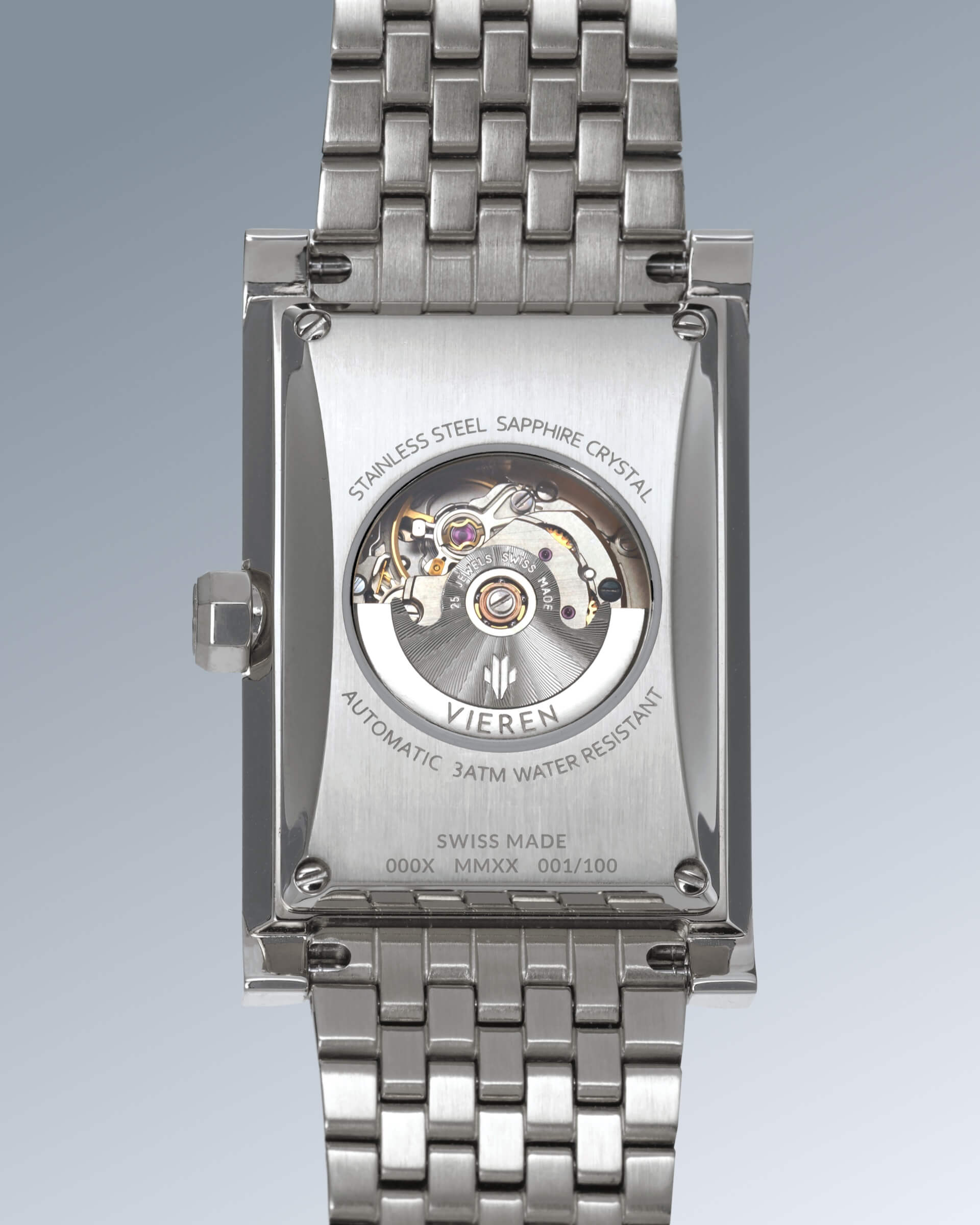 VIEREN White Diamond rectangular watch with Swiss Made ETA 2671 automatic movement, 25 jewels, and 44-hour power reserve