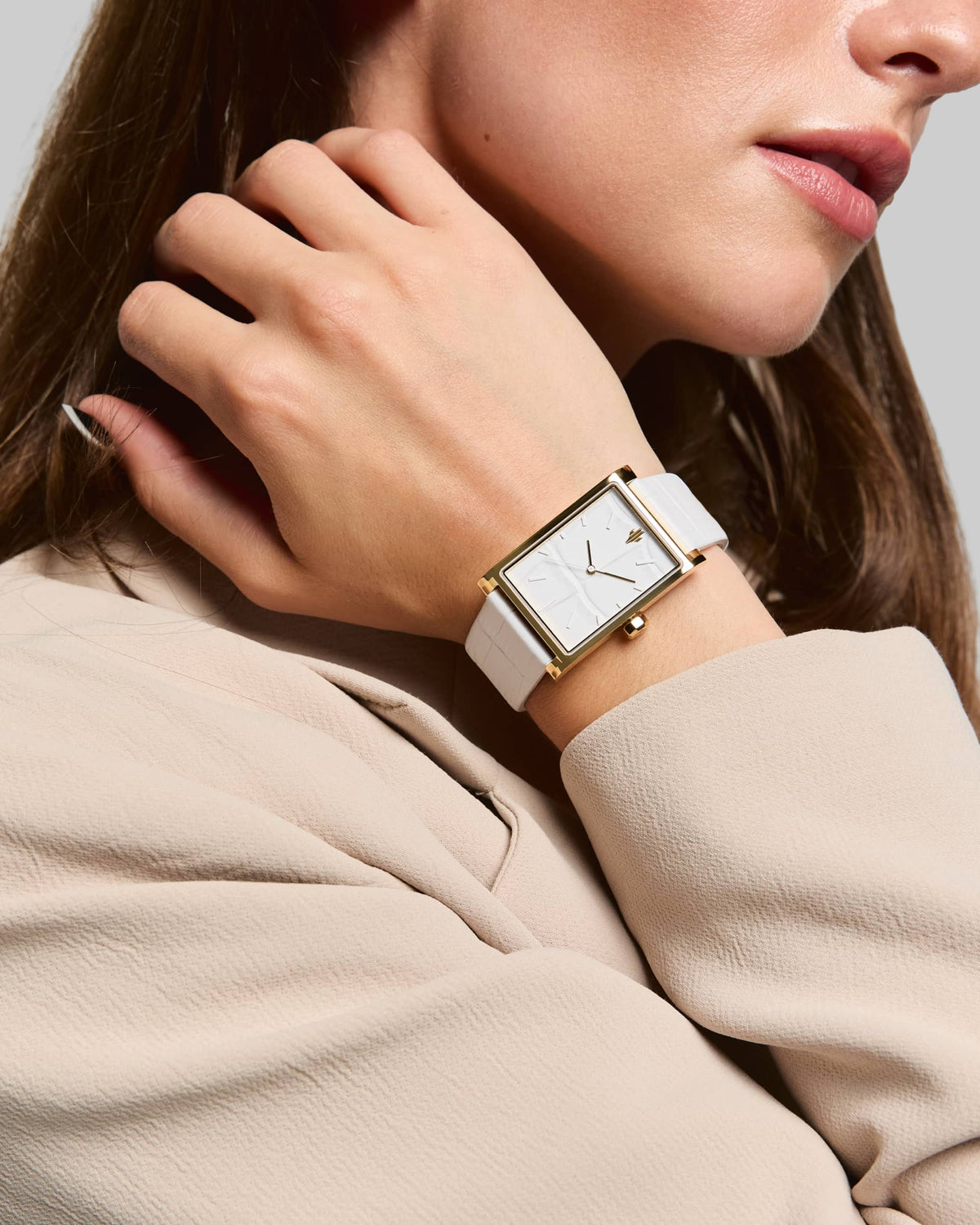 VIEREN Gold White Croc leather women's gold rectangular watch with blazer